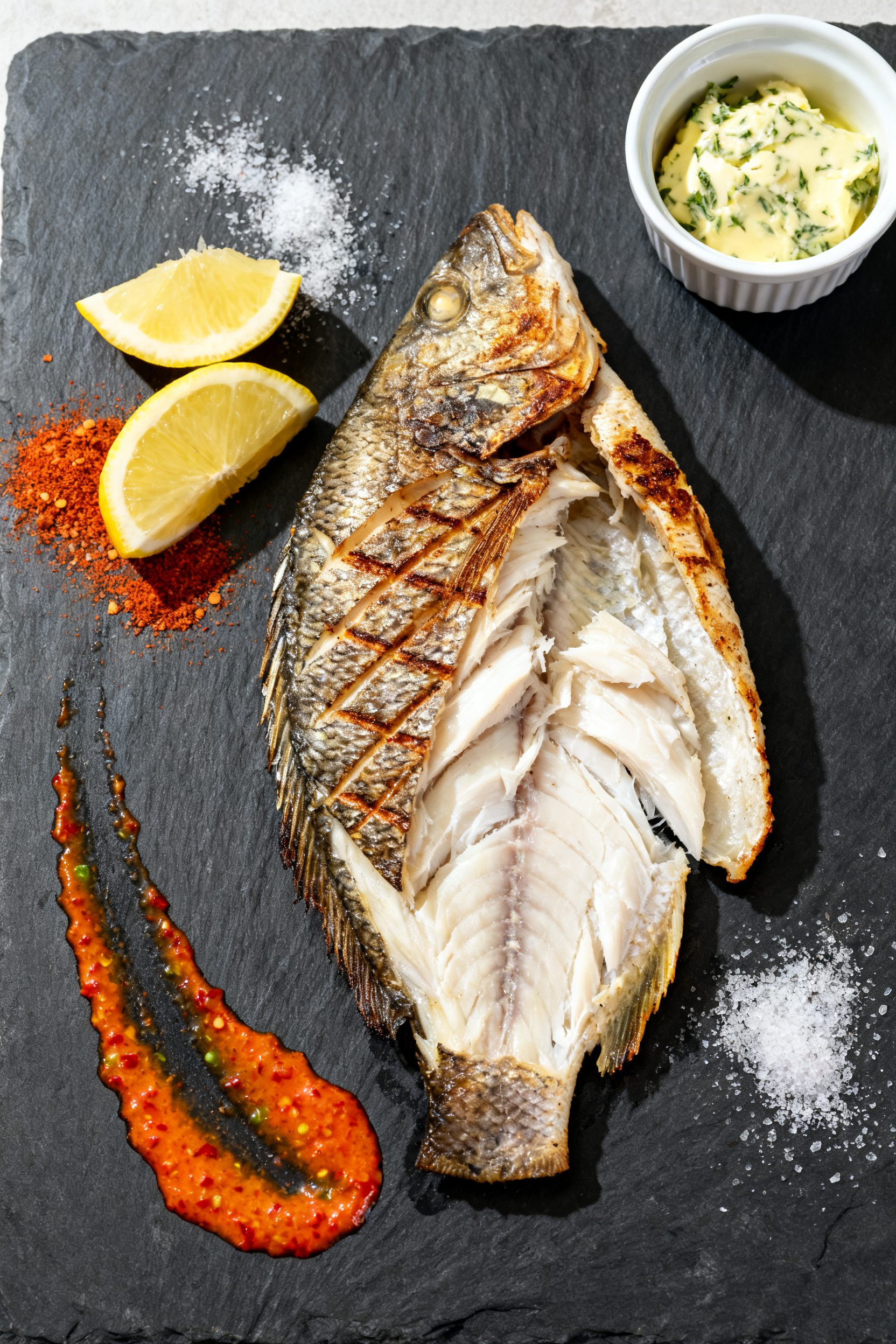 Overhead shot of the finished tilapia on a dark slate board for contrast, showing the fish partially