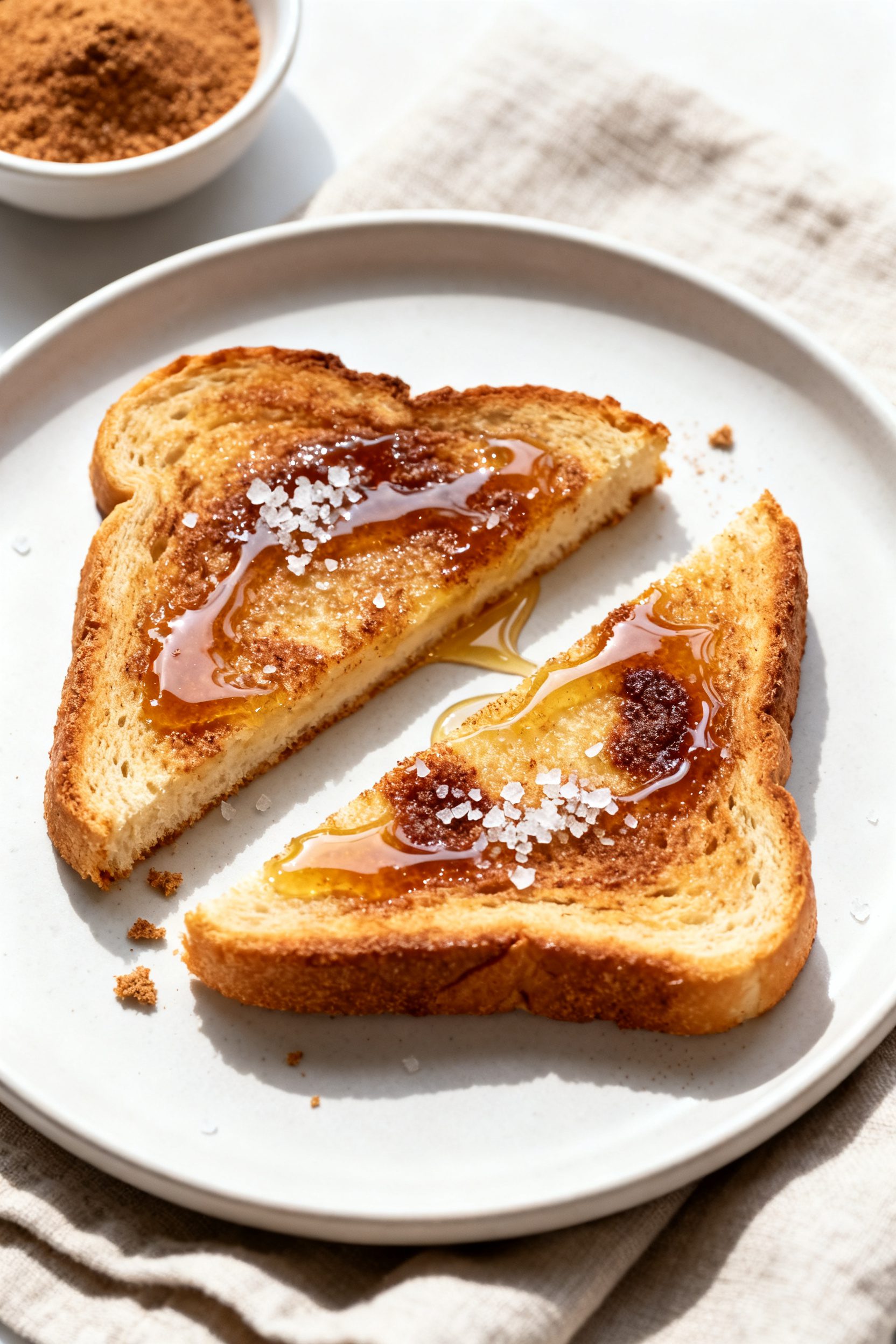 Overhead shot of two slices of finished cinnamon sugar toast on a matte white plate, sliced diagonal