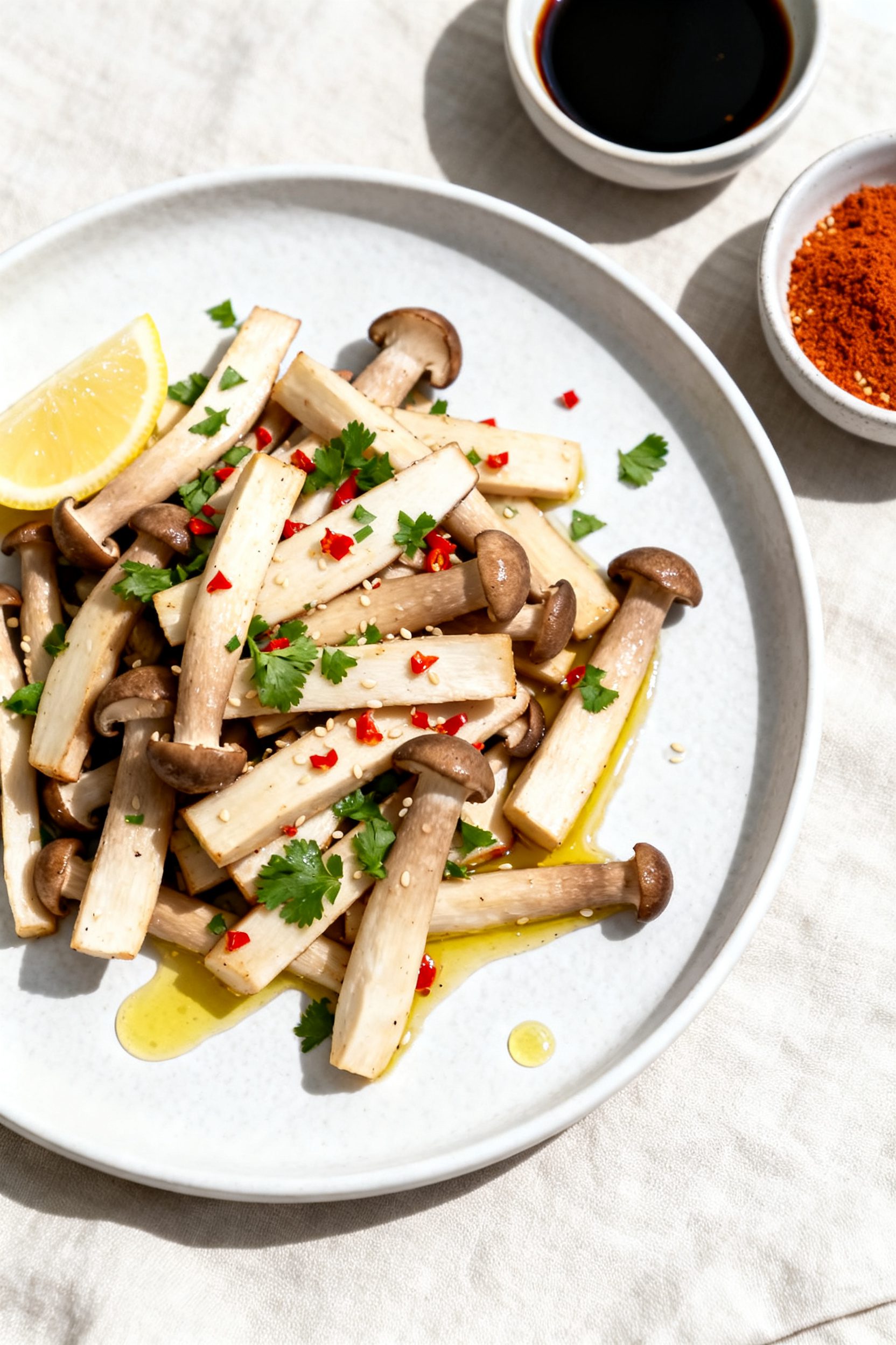 Overhead, tasty top-down shot of a finished platter of air fryer king oyster mushrooms sliced into 1