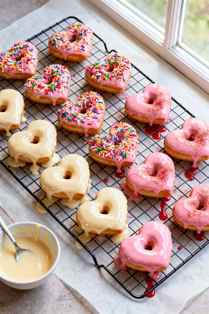 Overhead “tasty top view”: a cooling rack set over parchment with rows of heart-shaped donuts be