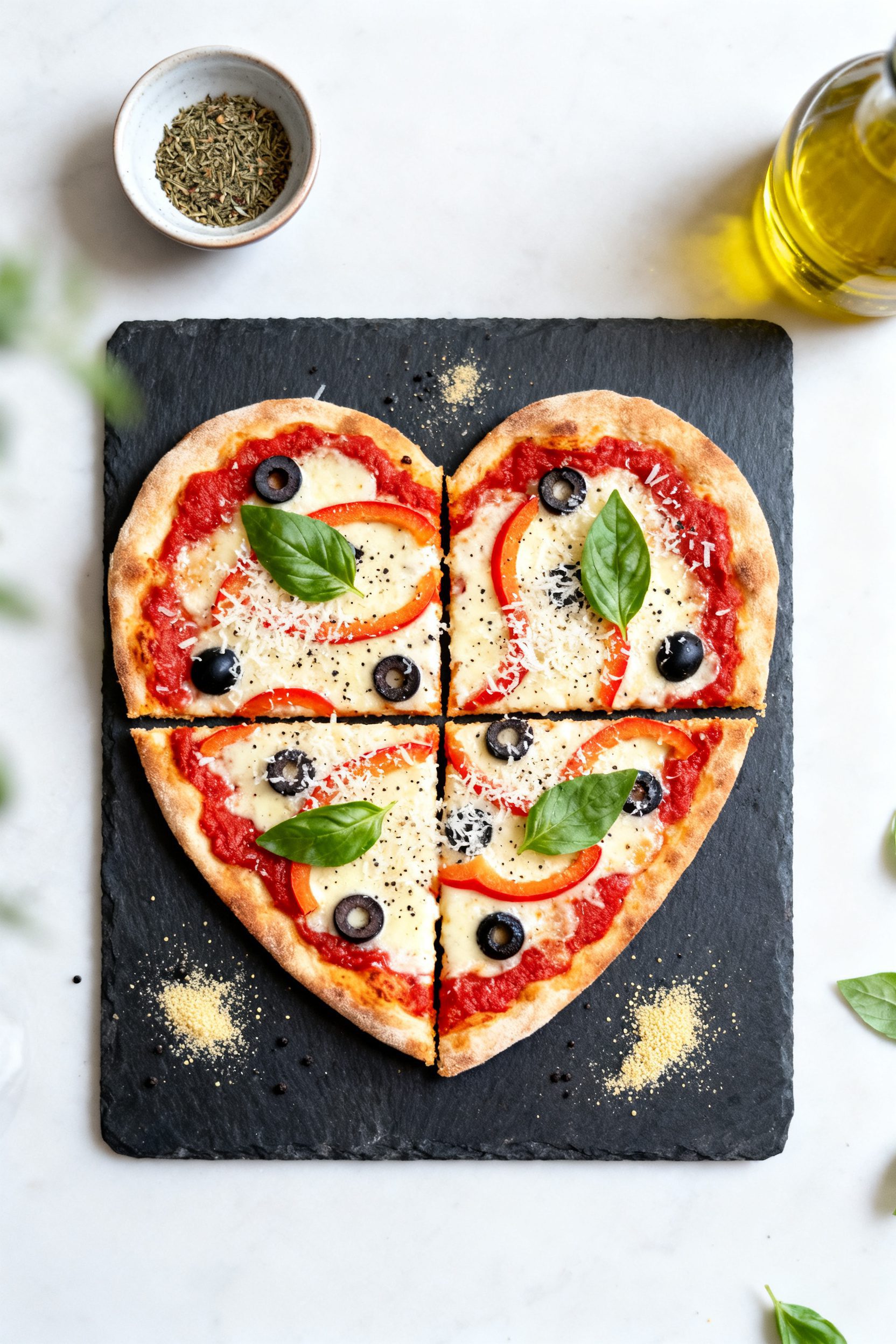 Overhead “tasty top view”: A medium heart-shaped pizza on a dark slate board, sliced into four p