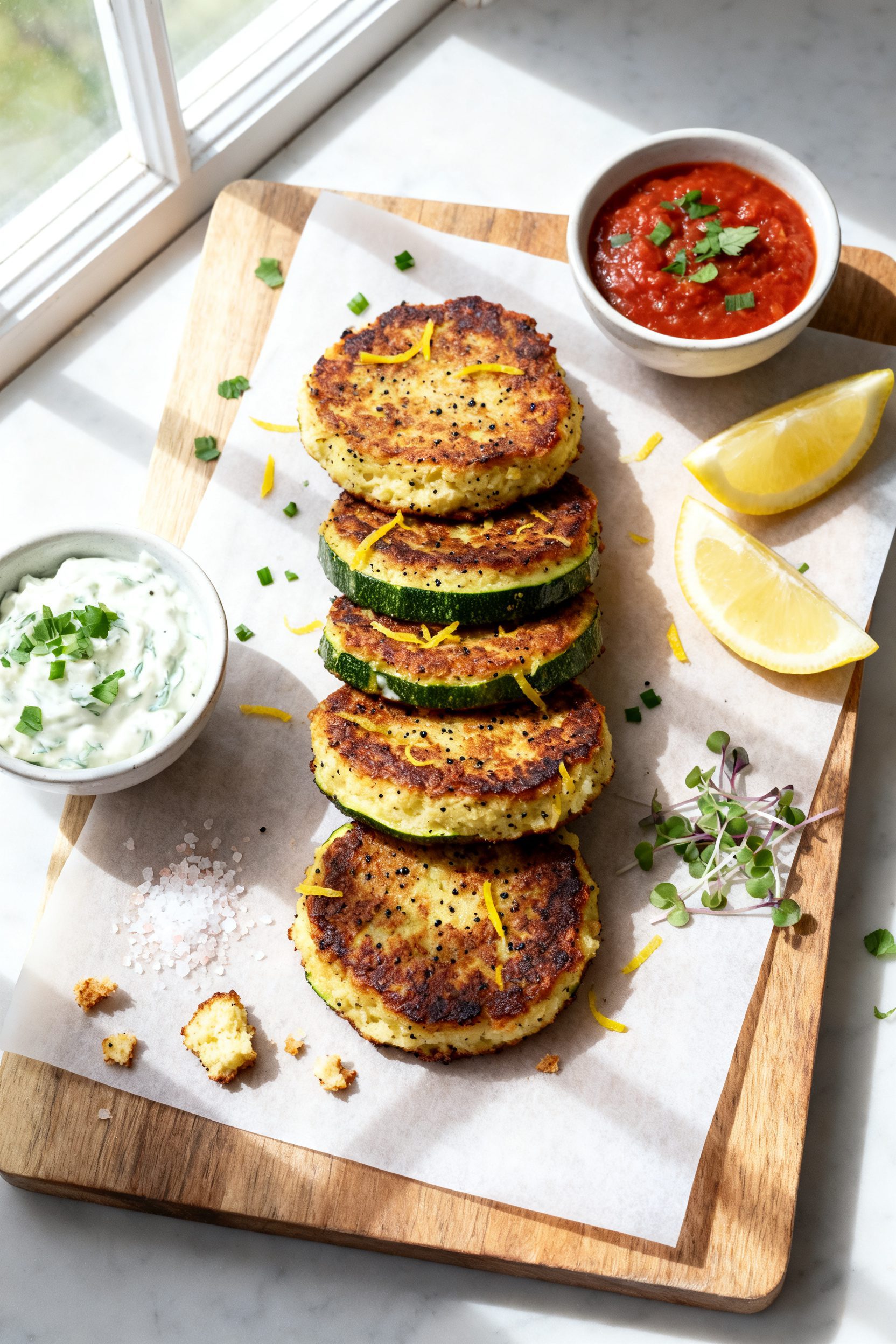 Overhead “tasty top view”: A parchment-lined board with a neat stack of medium zucchini patties 