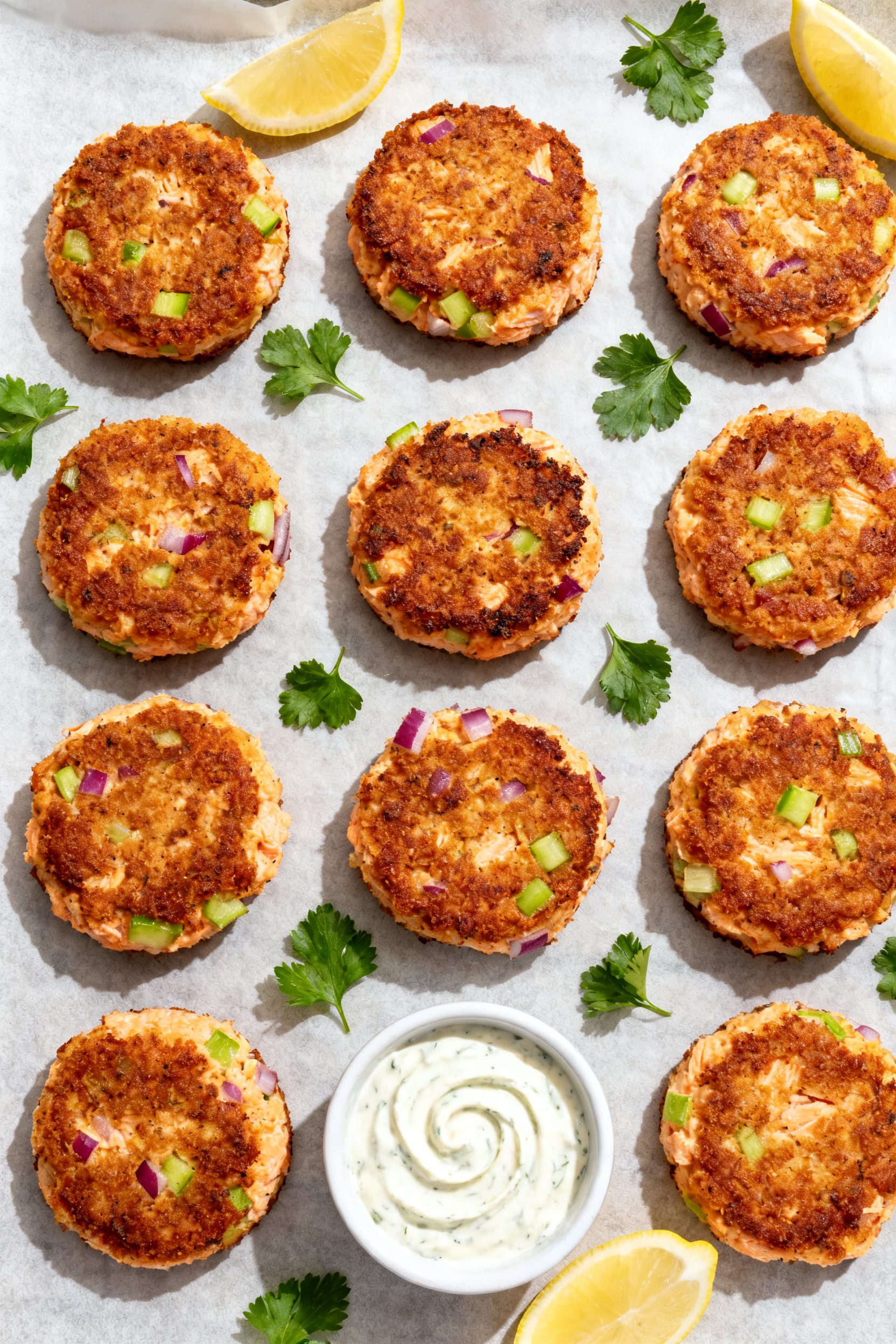 Overhead “tasty top view”: Air-fried salmon cakes arranged in a neat grid on a parchment-lined s