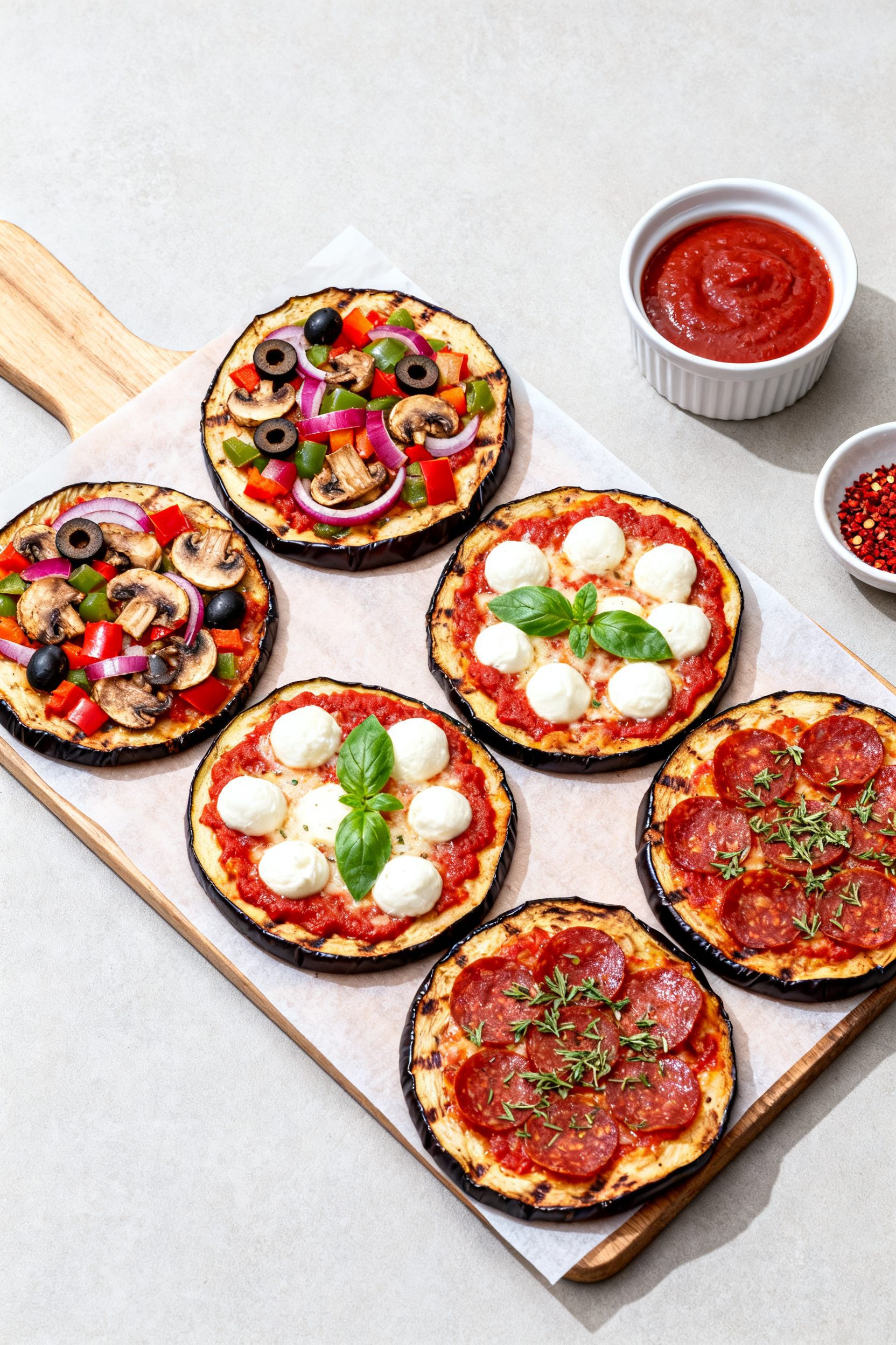 Overhead tasty top view: Assorted eggplant pizza rounds on a parchment-lined board—half “veggie