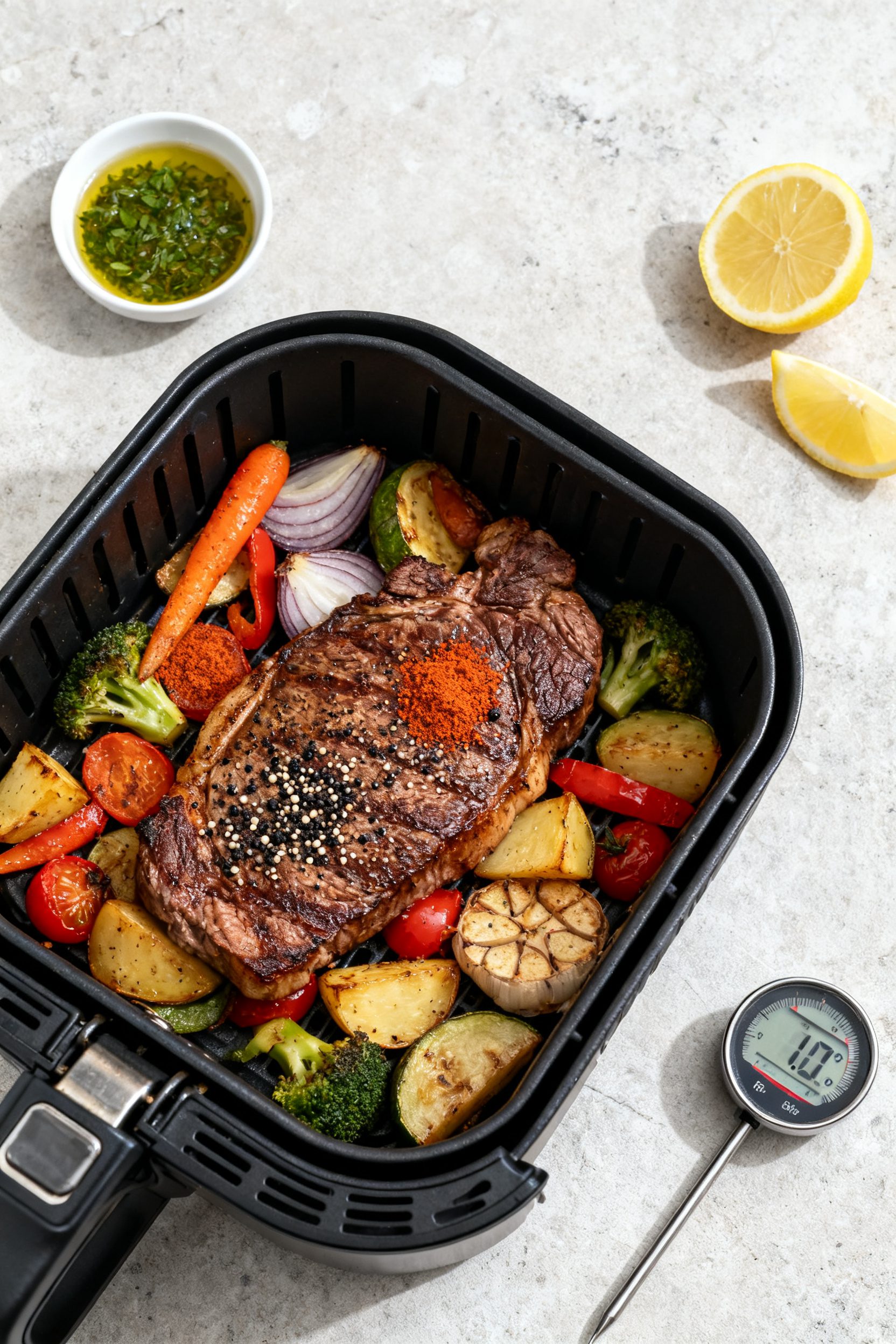 Overhead tasty top view: Complete air fryer steak and veggies after resting—whole steak just flipp