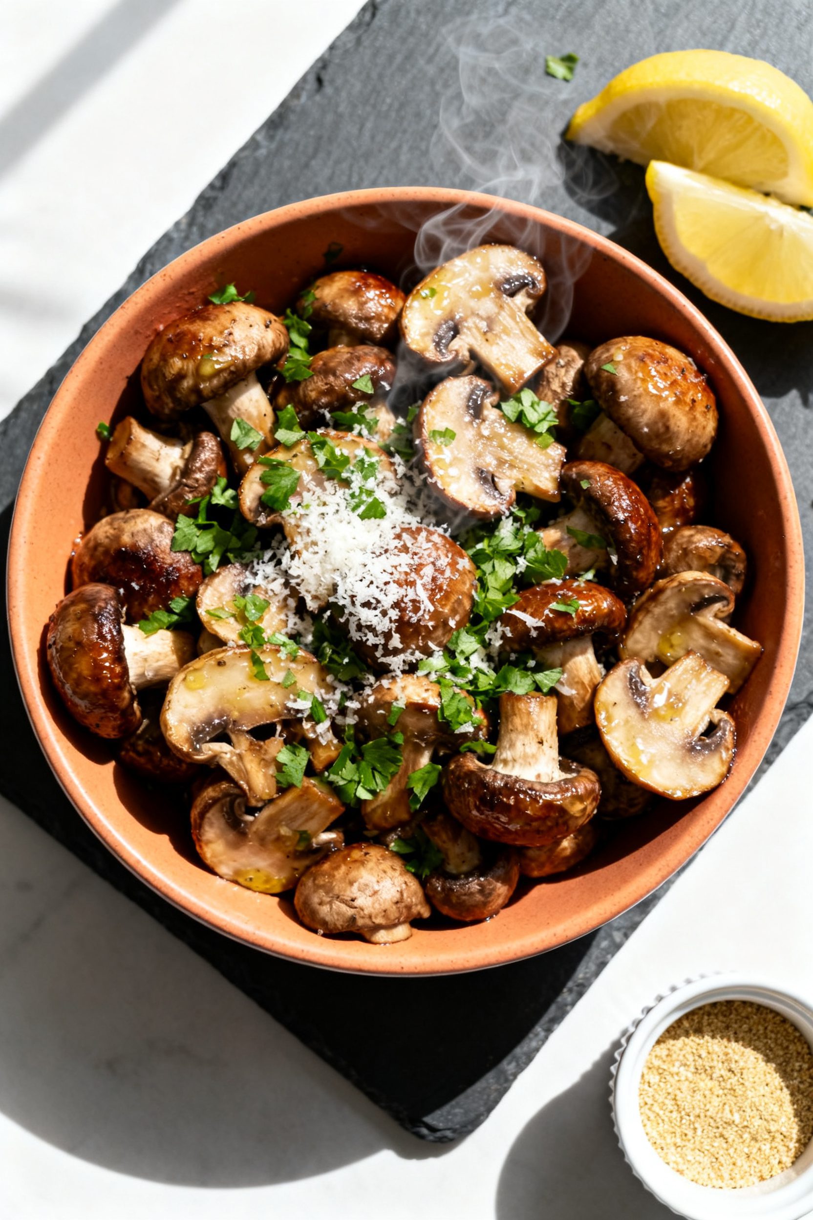 Overhead tasty top view: Final bowl of Air Fryer Keto Mushrooms piled high, sprinkled with finely ch
