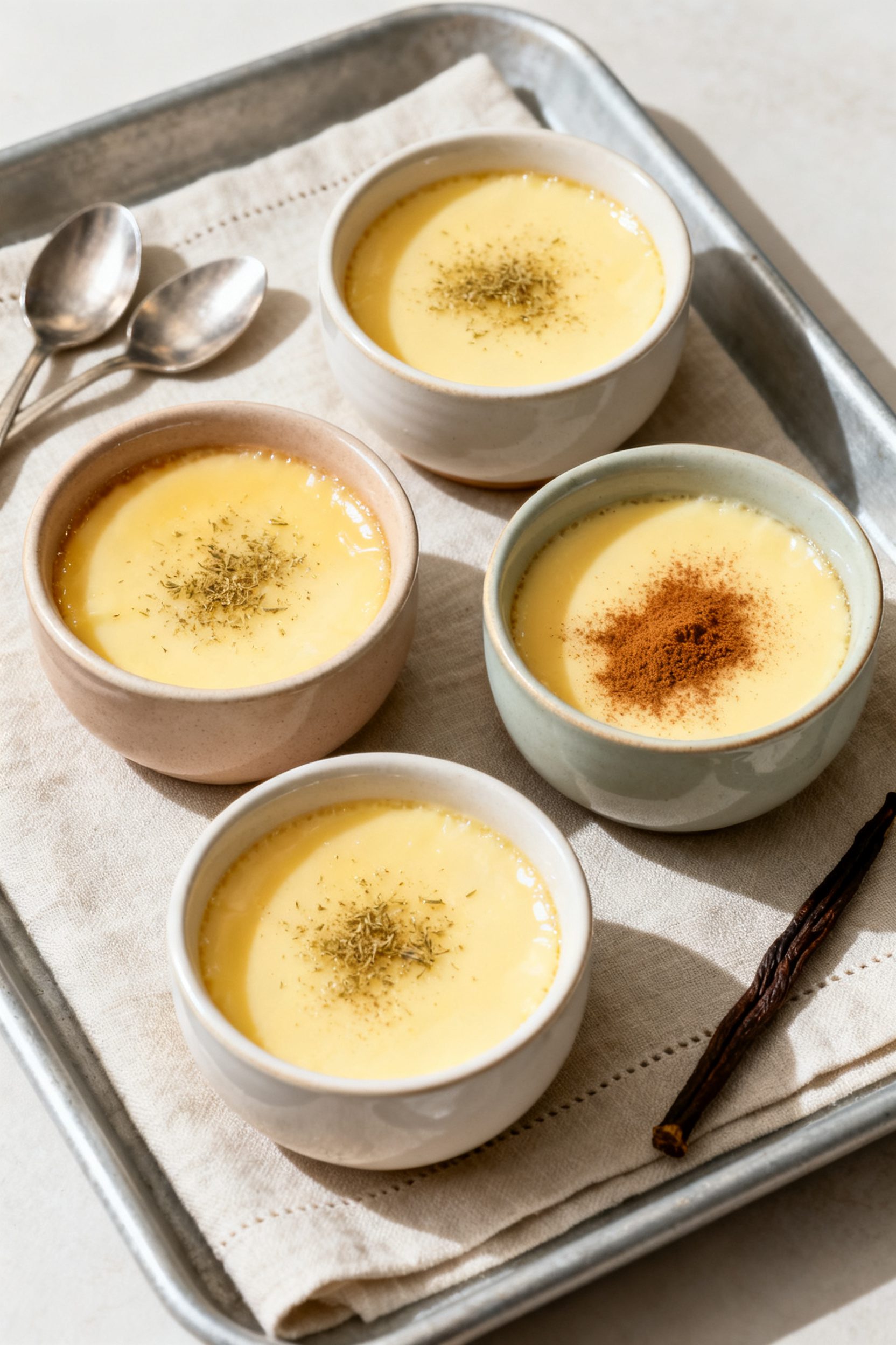 Overhead “tasty top view”: four chilled egg custards in assorted ceramic ramekins (soft neutrals