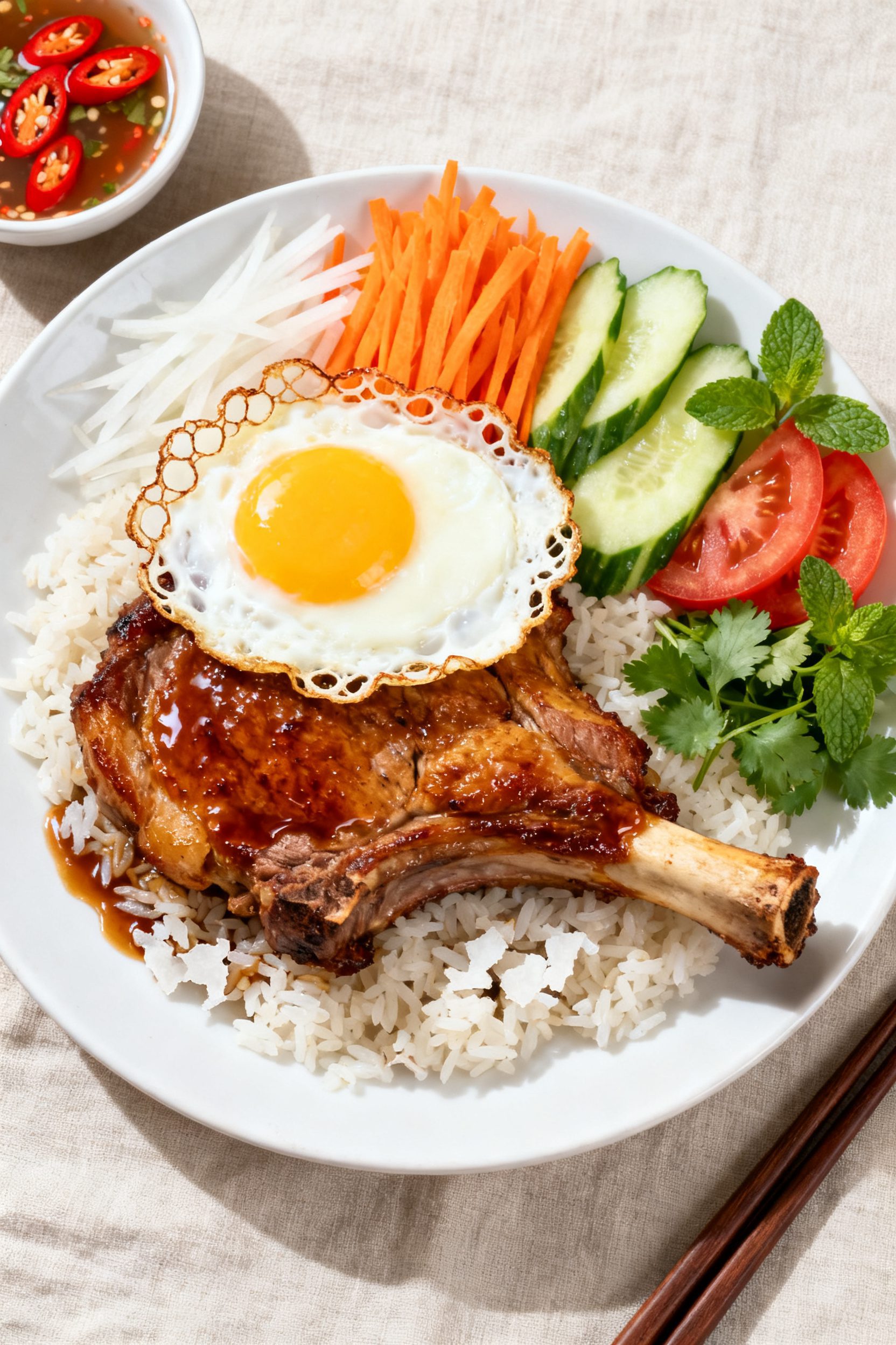Overhead “tasty top view” of a complete Vietnamese pork chop plate: golden-brown, caramelized bo