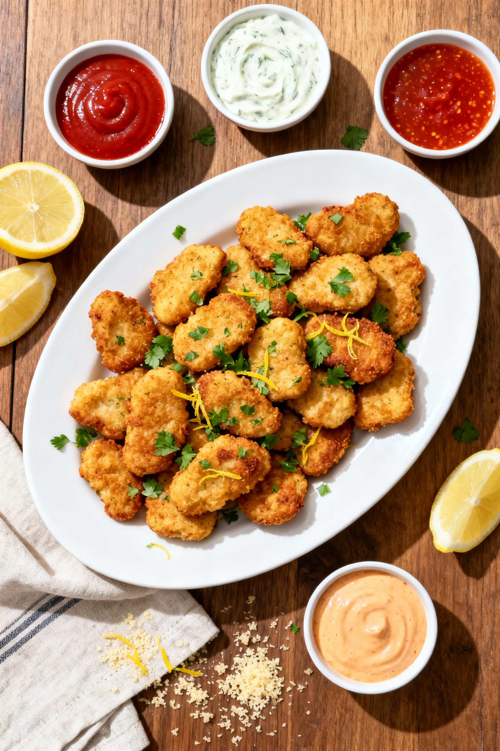 Overhead “tasty top view” of a family-style platter of air fryer chicken nuggets: arranged in a