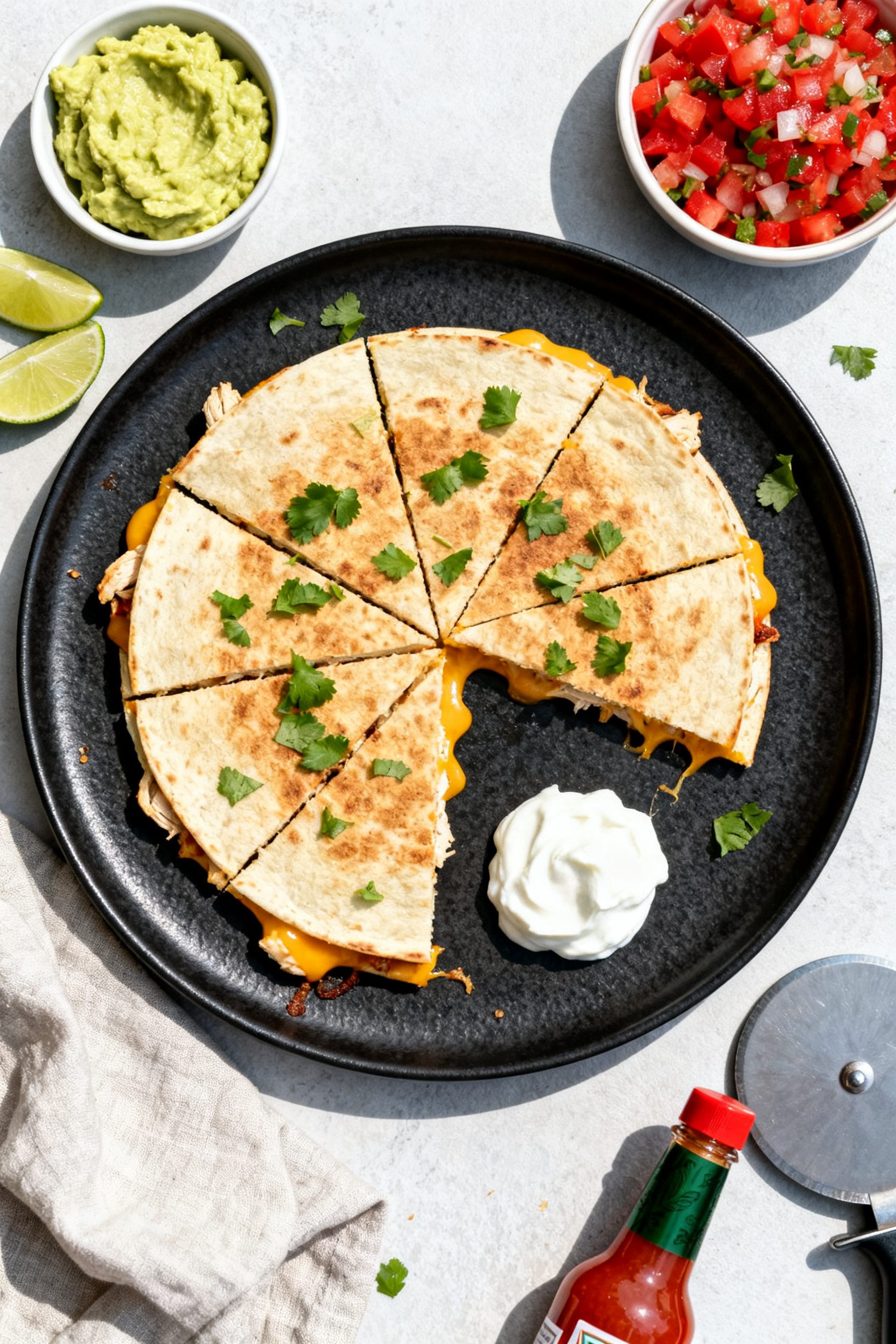 Overhead “tasty top view” of a final plated Air Fryer Chicken Quesadilla: half-moon quesadilla c