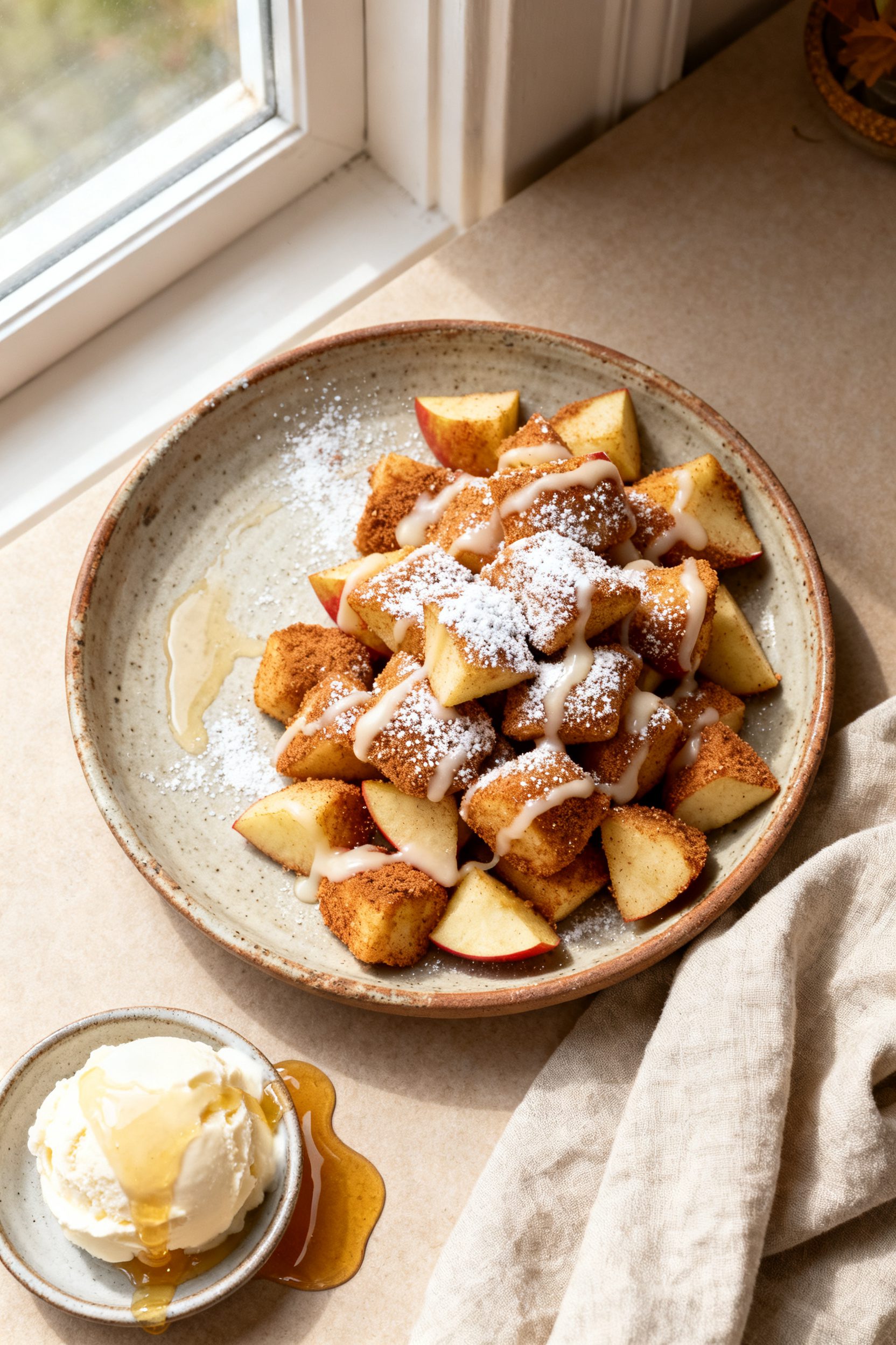 Overhead “tasty top view” of a final plated dessert: a rustic ceramic plate piled with apple cin