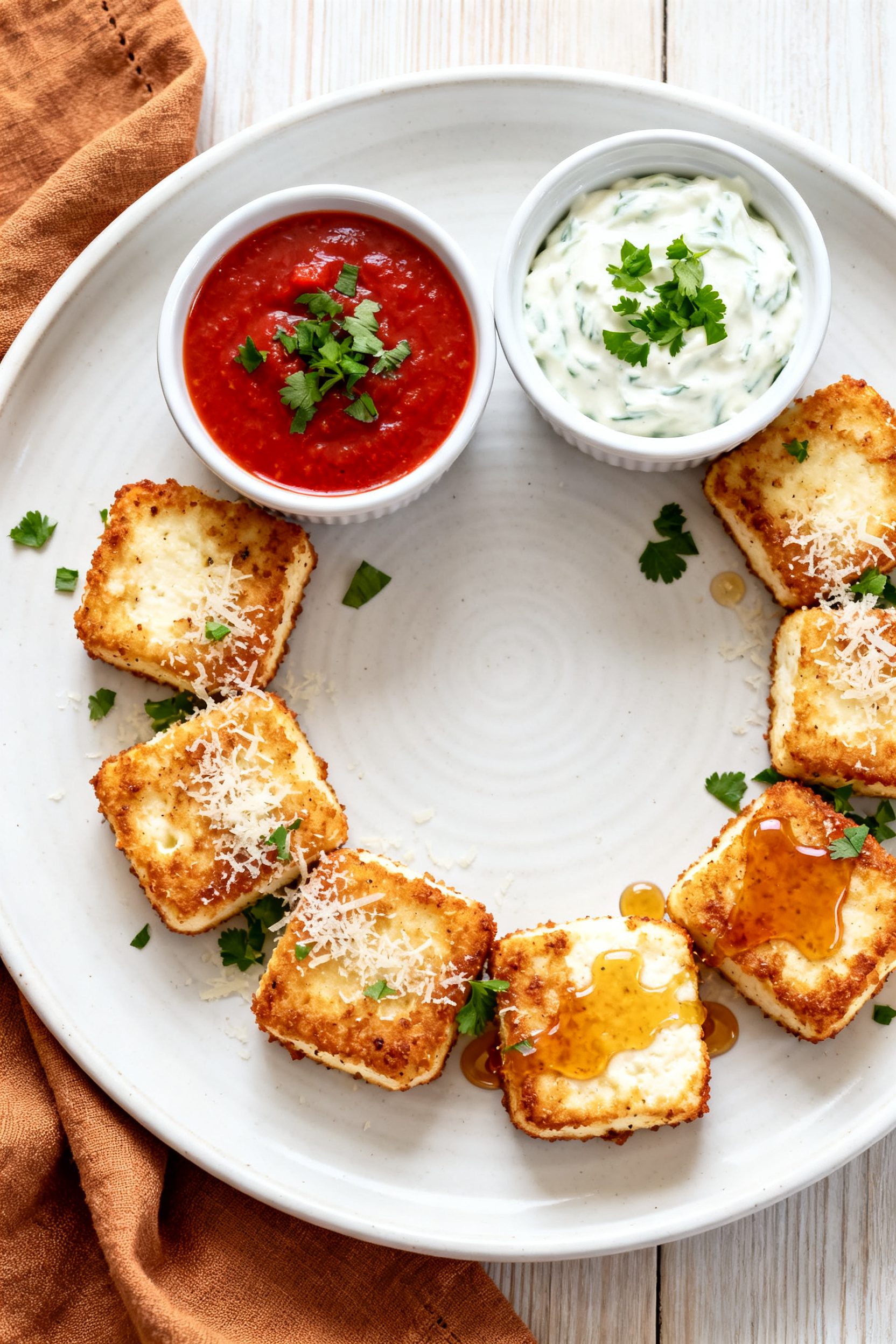 Overhead “tasty top view” of a final platter of air-fried cottage cheese bites arranged in a loo
