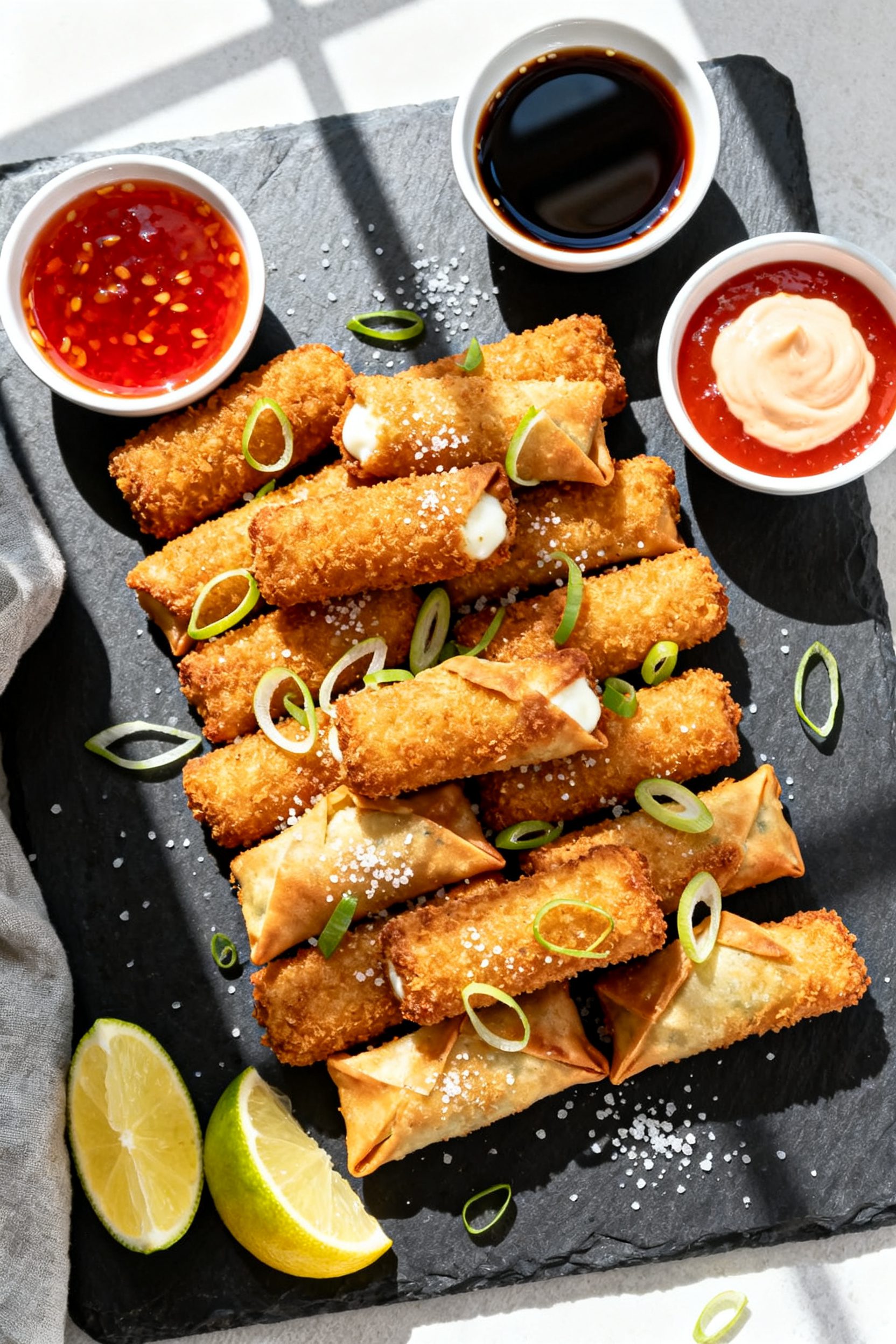 Overhead “tasty top view” of a game-day platter: a dark slate board piled with neatly arranged A