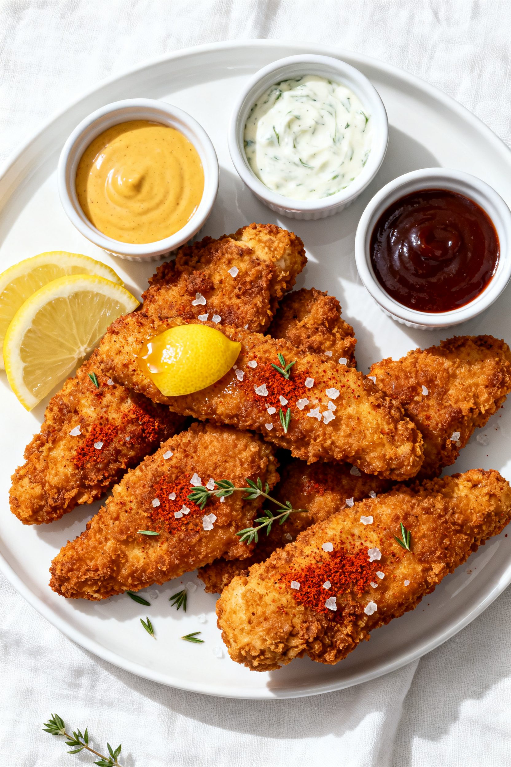 Overhead “tasty top view” of a platter of finished air fryer battered chicken tenders: deep gold