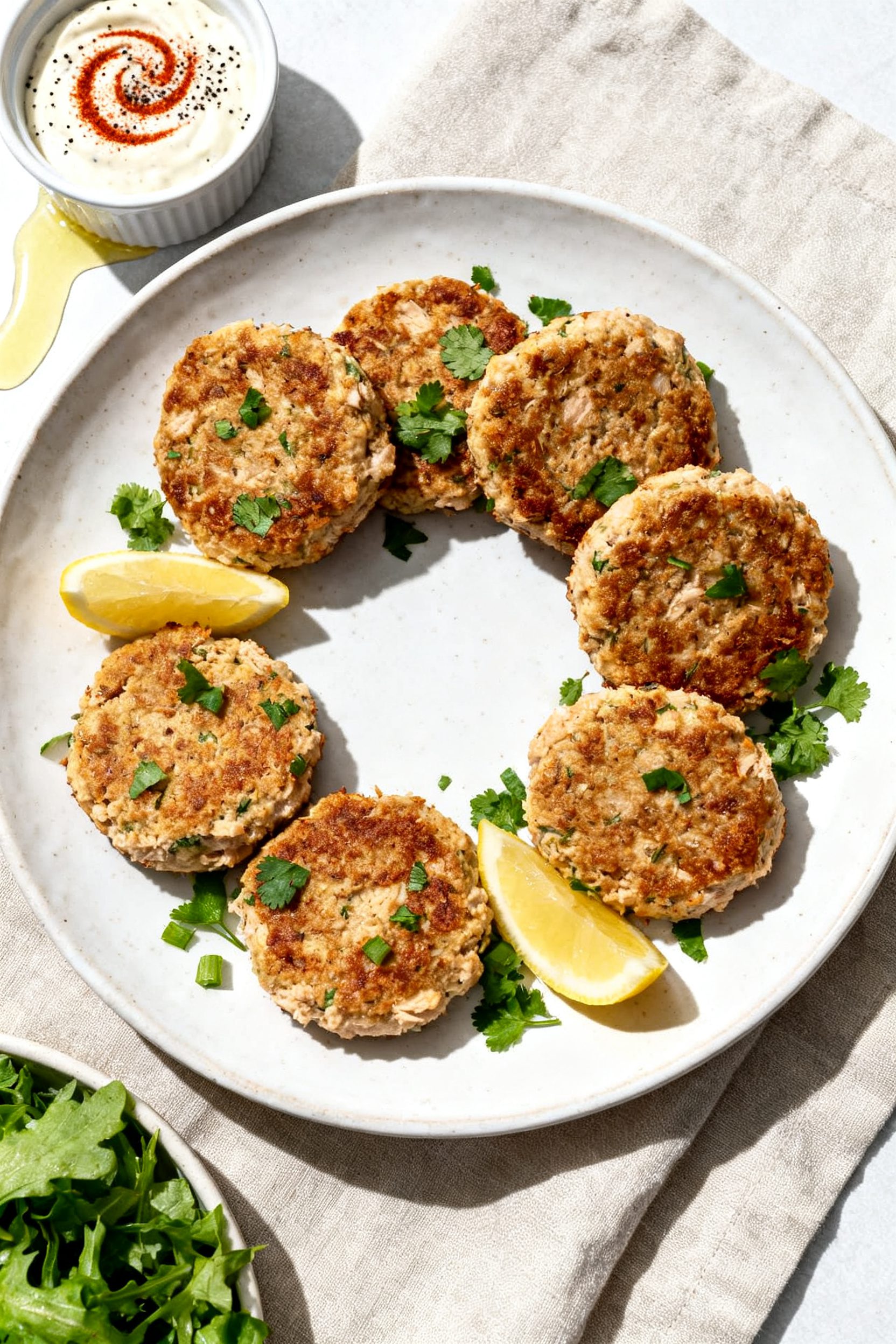 Overhead “tasty top view” of a platter of finished Air Fryer Keto Tuna Patties arranged in a loo