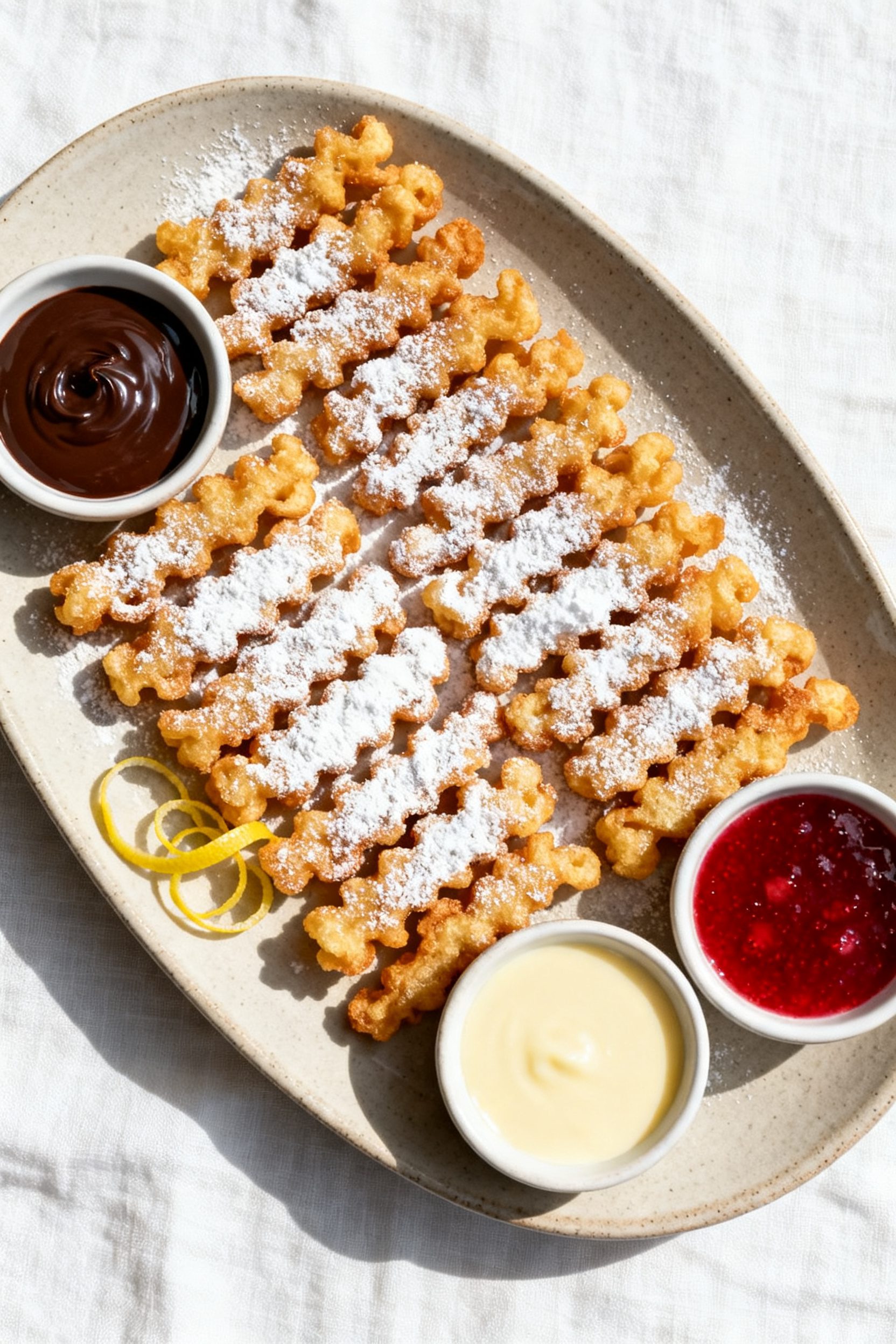 Overhead “tasty top view” of a platter of funnel cake fries arranged in neat rows, generously du