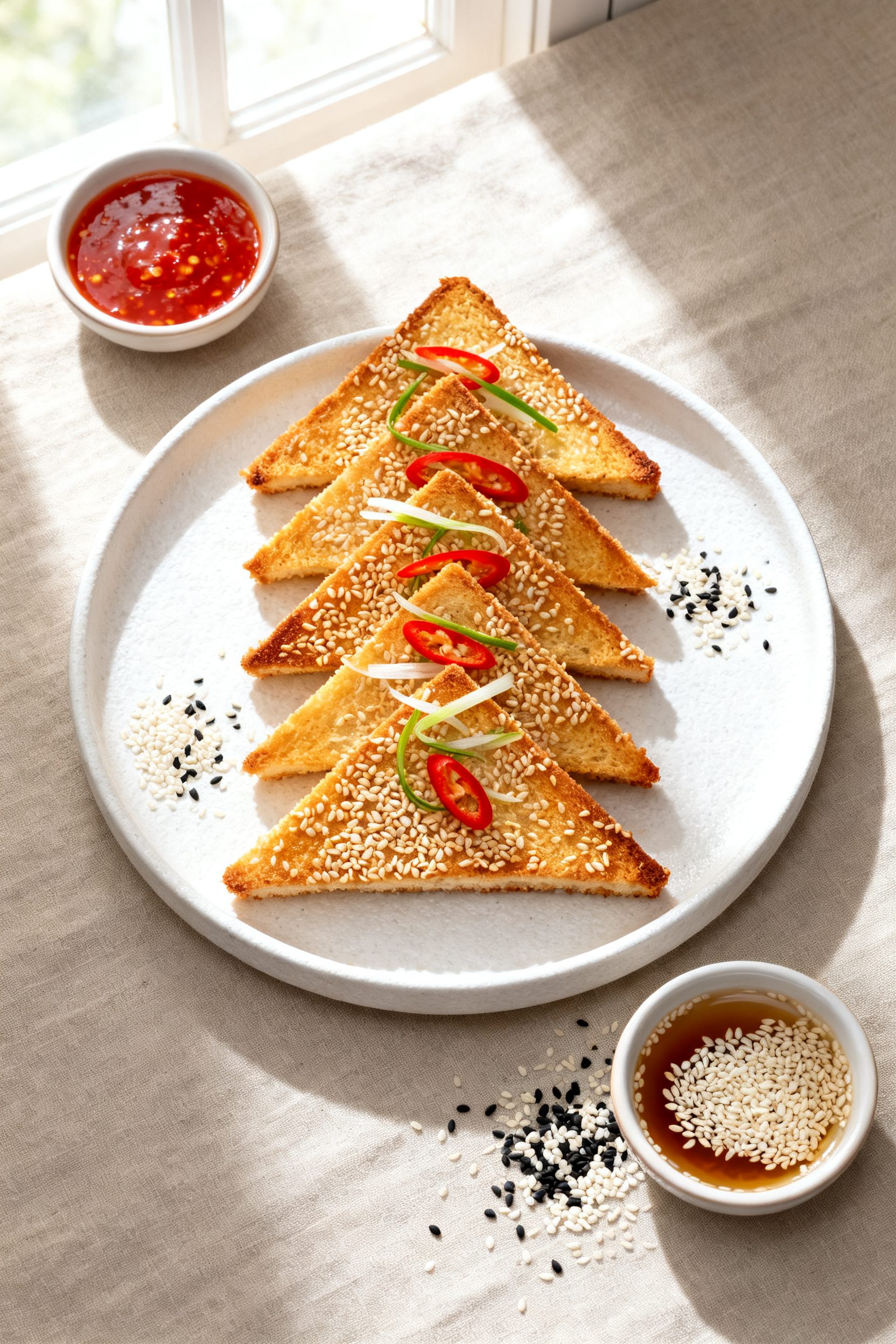 Overhead “tasty top view” of a platter of sesame prawn toast triangles arranged in a fan on a ma