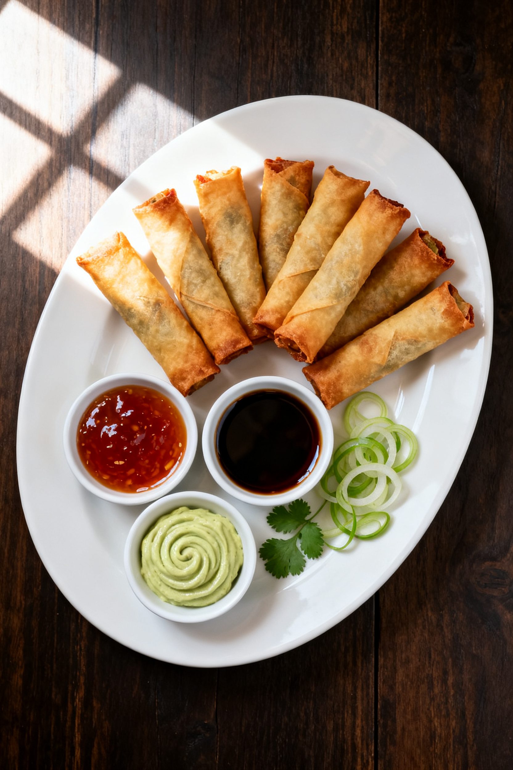 Overhead “tasty top view” of a serving platter of air fryer crab egg rolls arranged in a neat fa