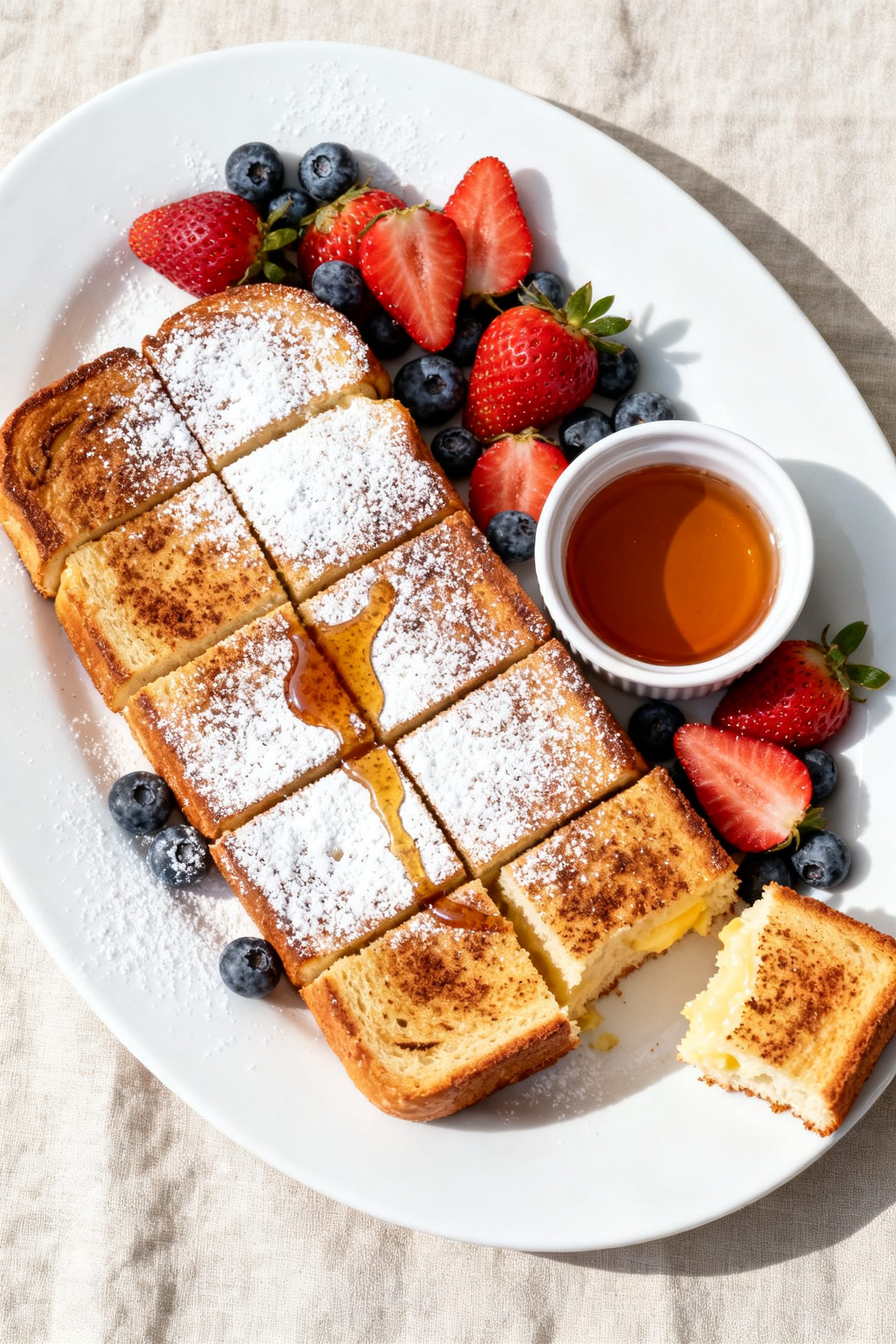Overhead “tasty top view” of a slab-style Hawaiian Roll French Toast sliced horizontally and coo