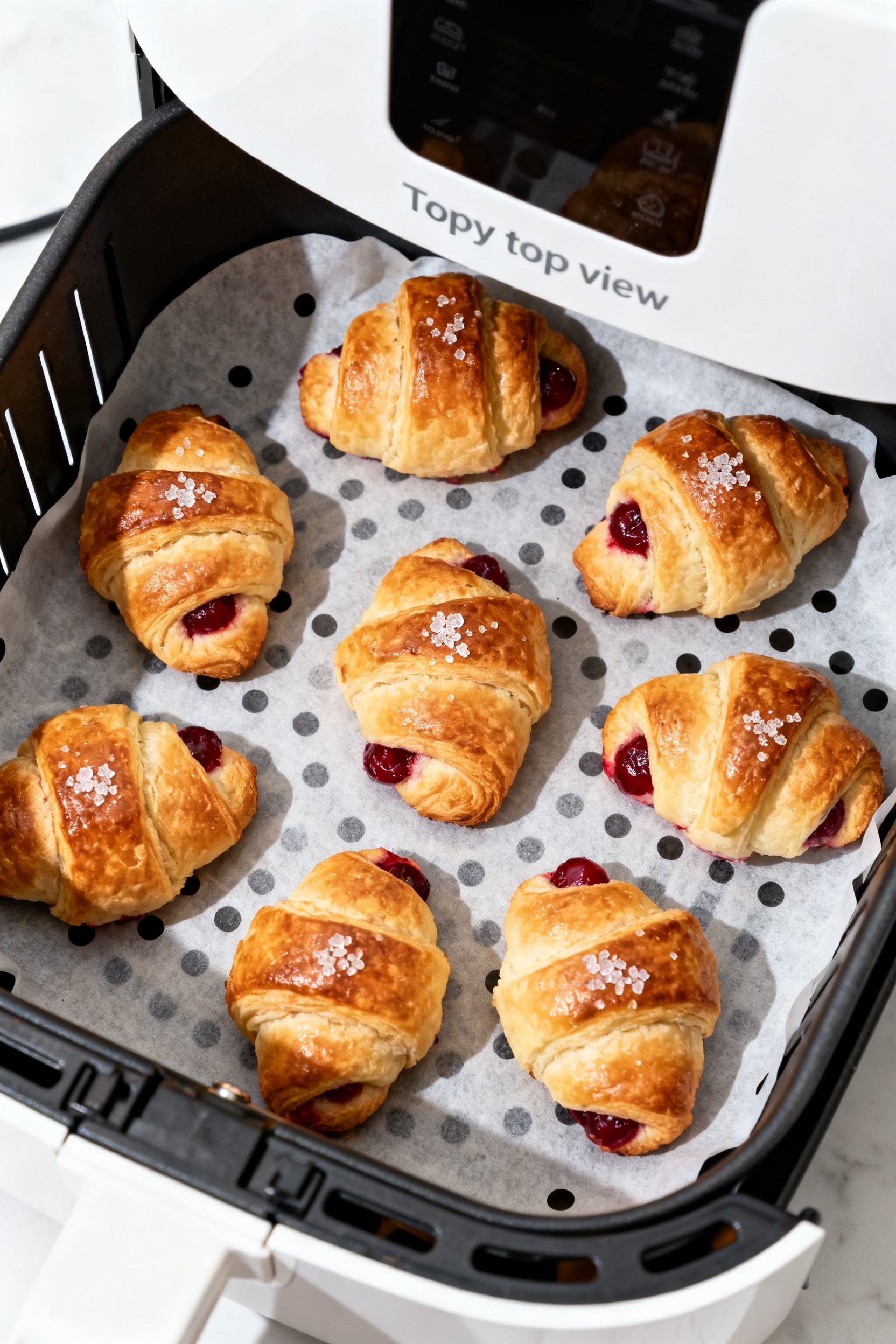 Overhead “tasty top view” of a small batch of cherry croissants arranged in a single layer insid