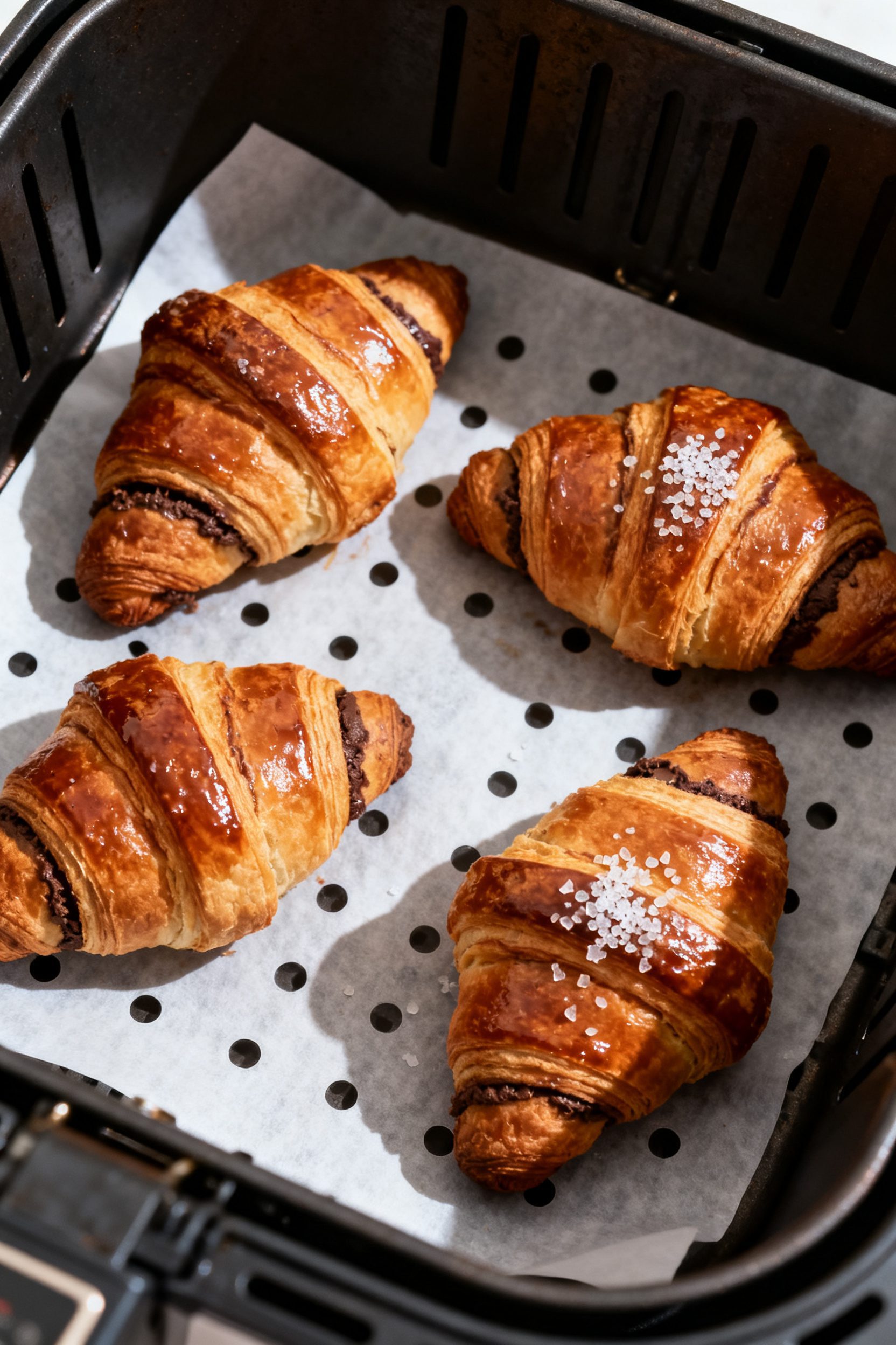 Overhead “tasty top view” of a small batch of four air fryer chocolate croissants on perforated 