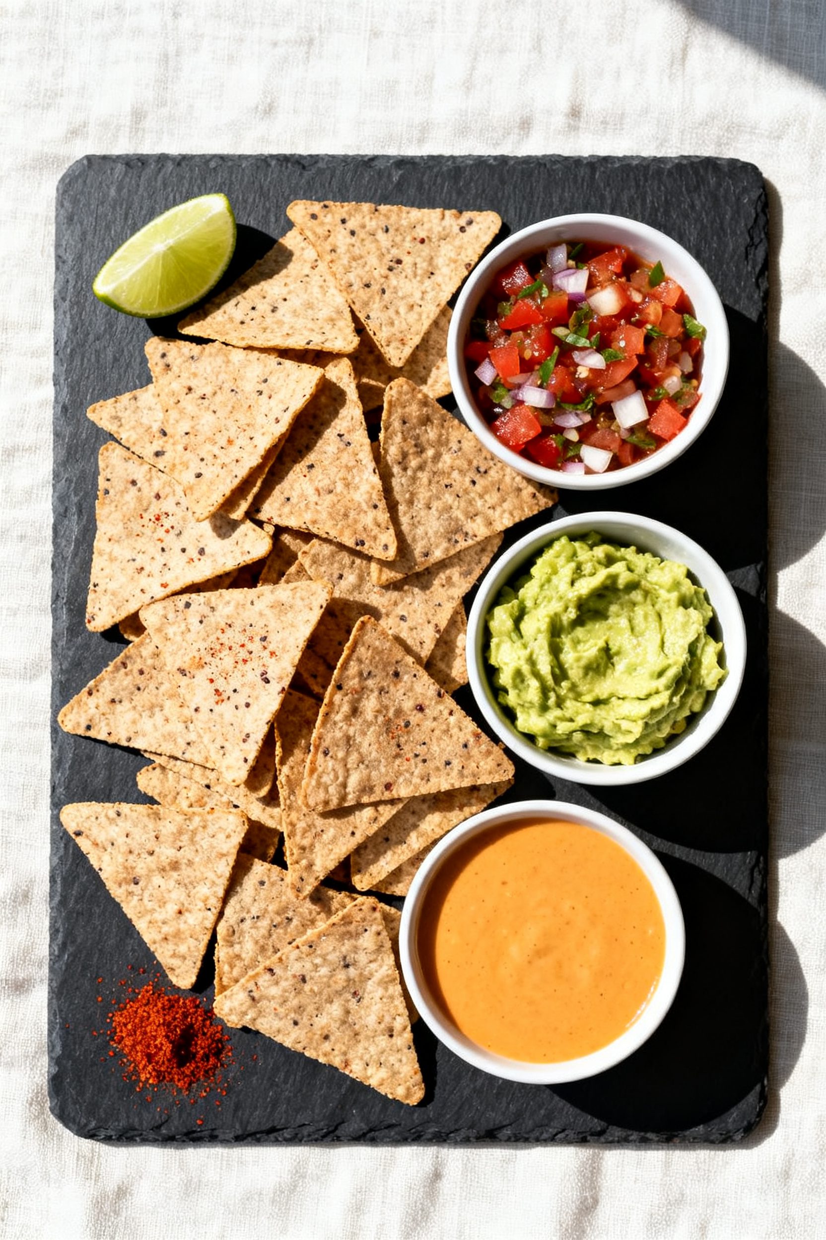 Overhead “tasty top view” of a snack board piled with zero-carb tortilla chips arranged in trian