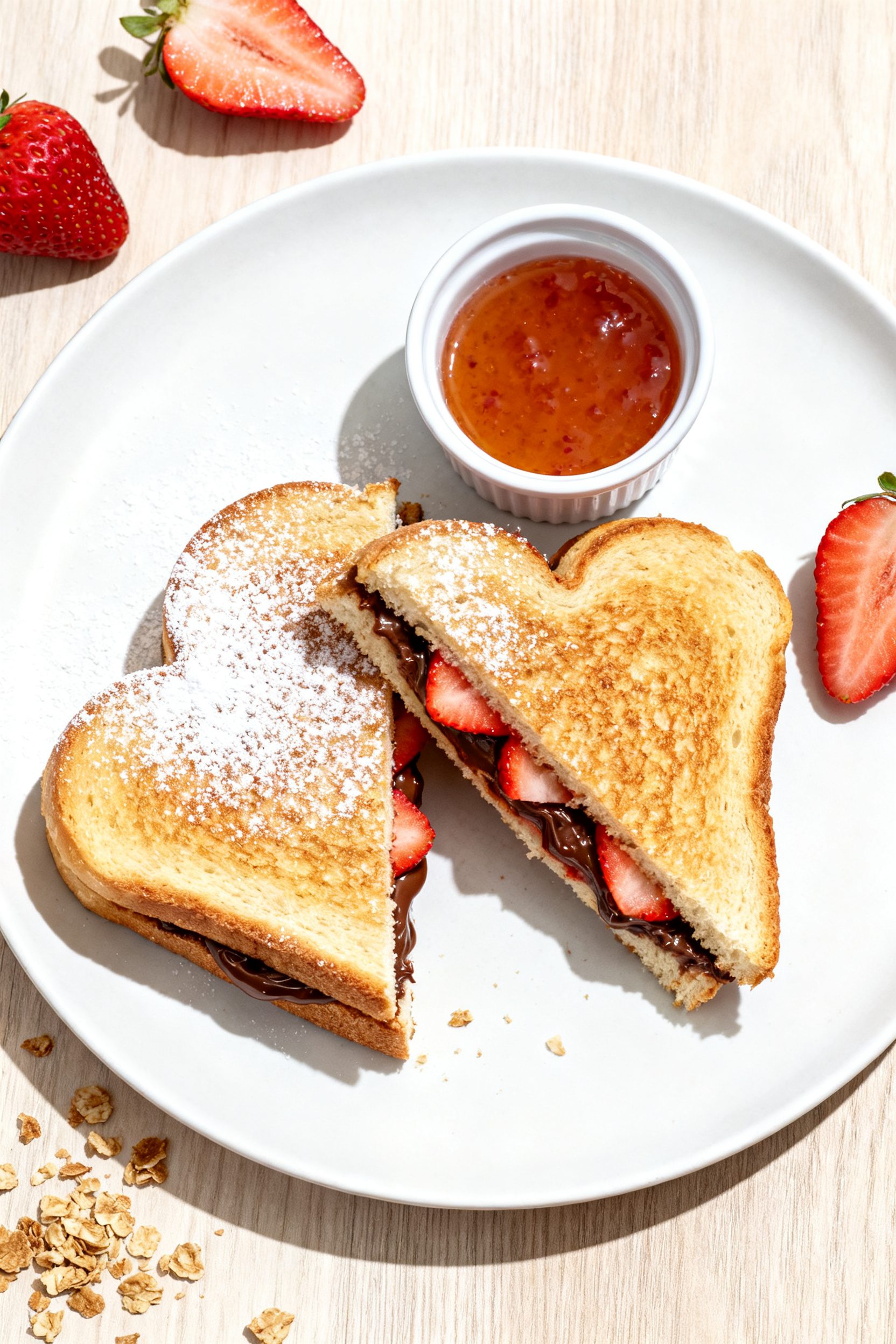 Overhead “tasty top view” of a Sweet Strawberry Nutella heart sandwich, perfectly toasted to a l