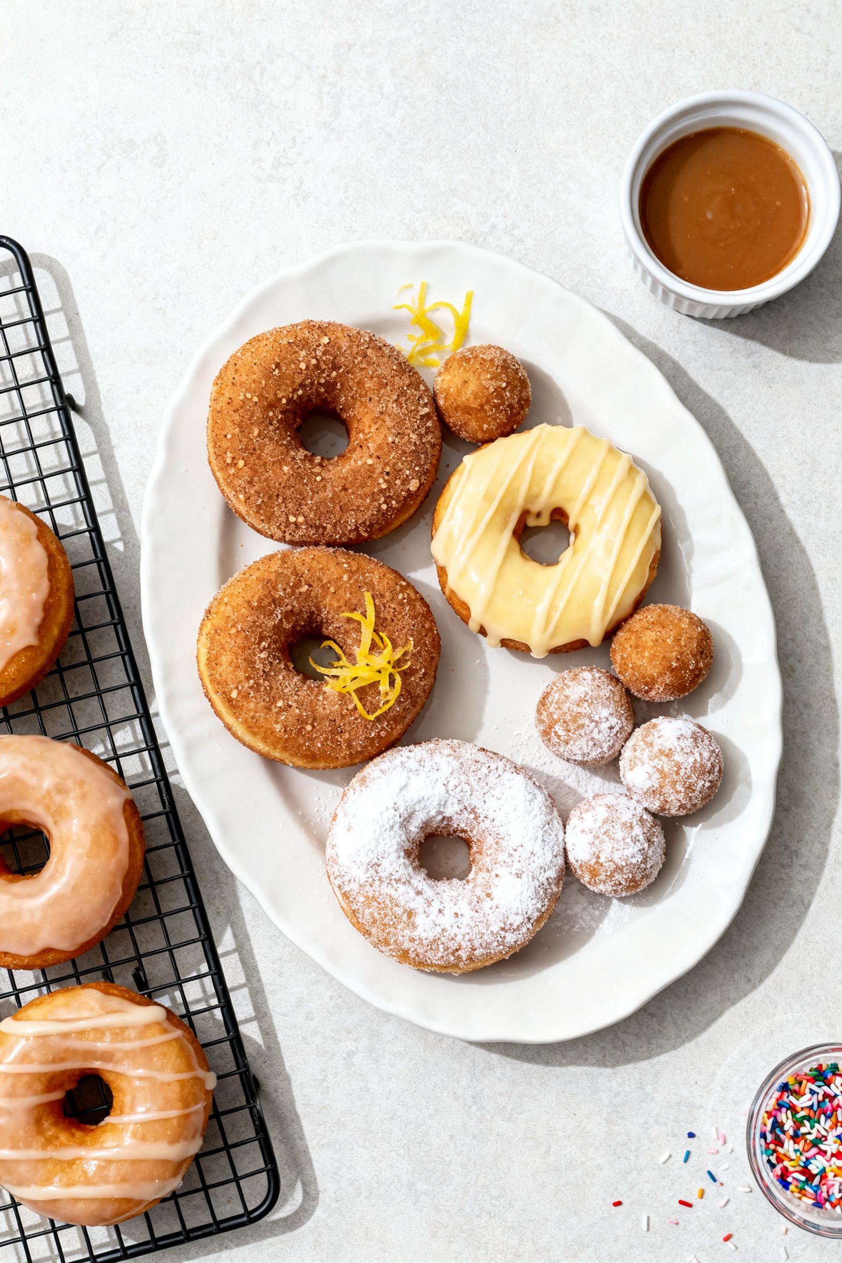Overhead “tasty top view” of a variety plate: warm air fryer donuts and donut holes coated three
