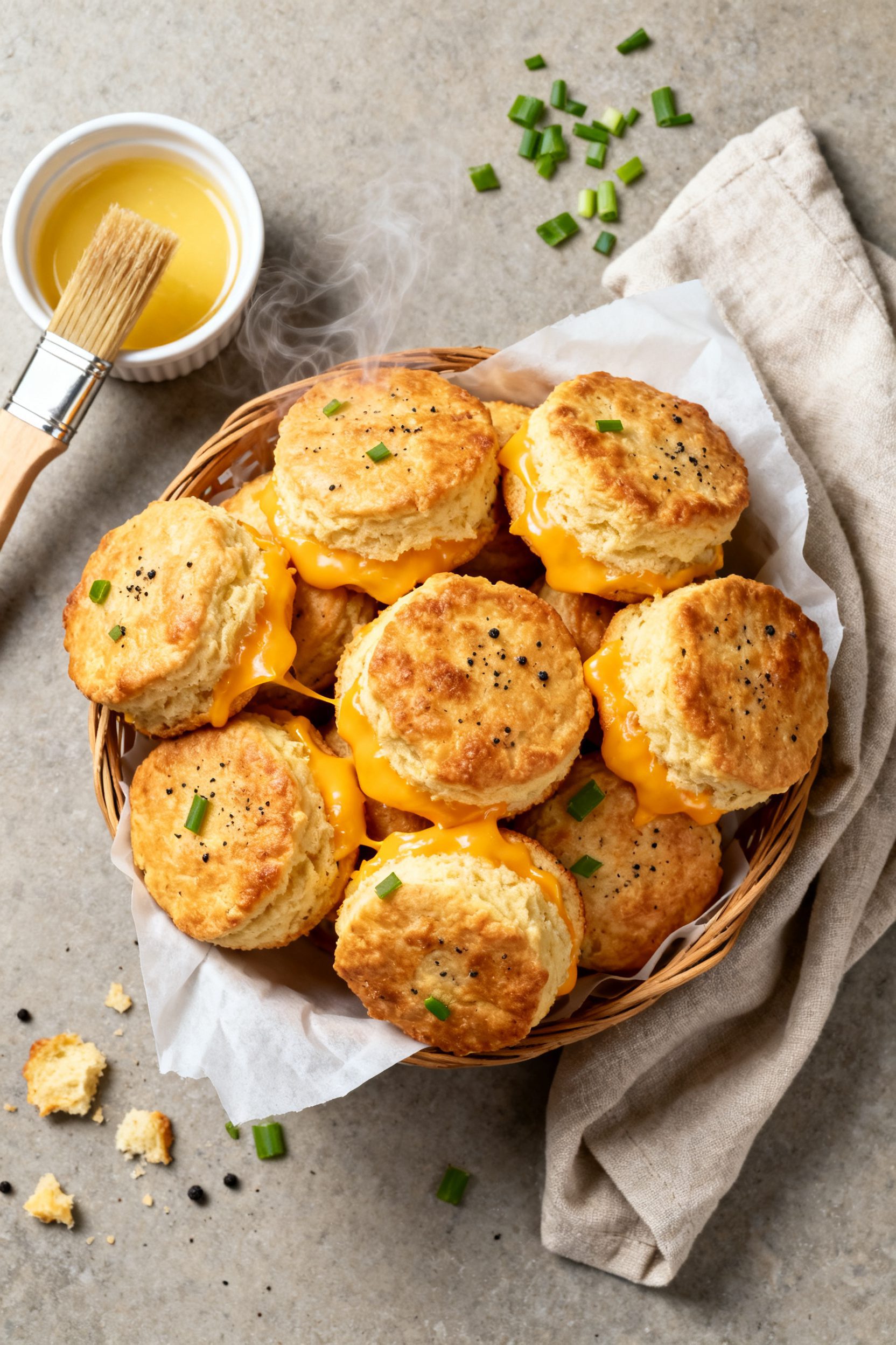 Overhead “tasty top view” of a warm basket of air fryer cheese biscuits piled high, showcasing v