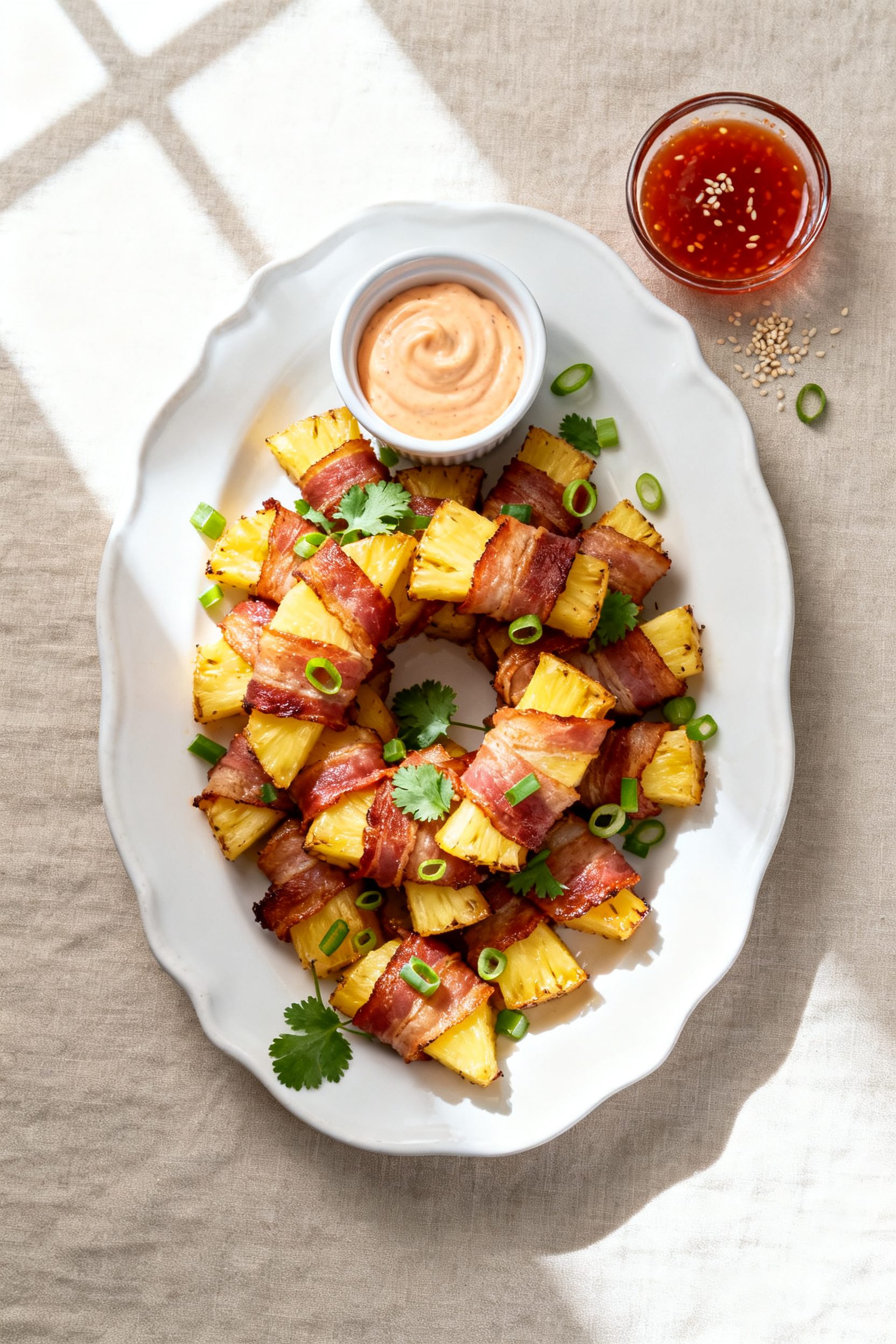 Overhead “tasty top view” of a warm serving platter piled with bacon-wrapped pineapple bites arr