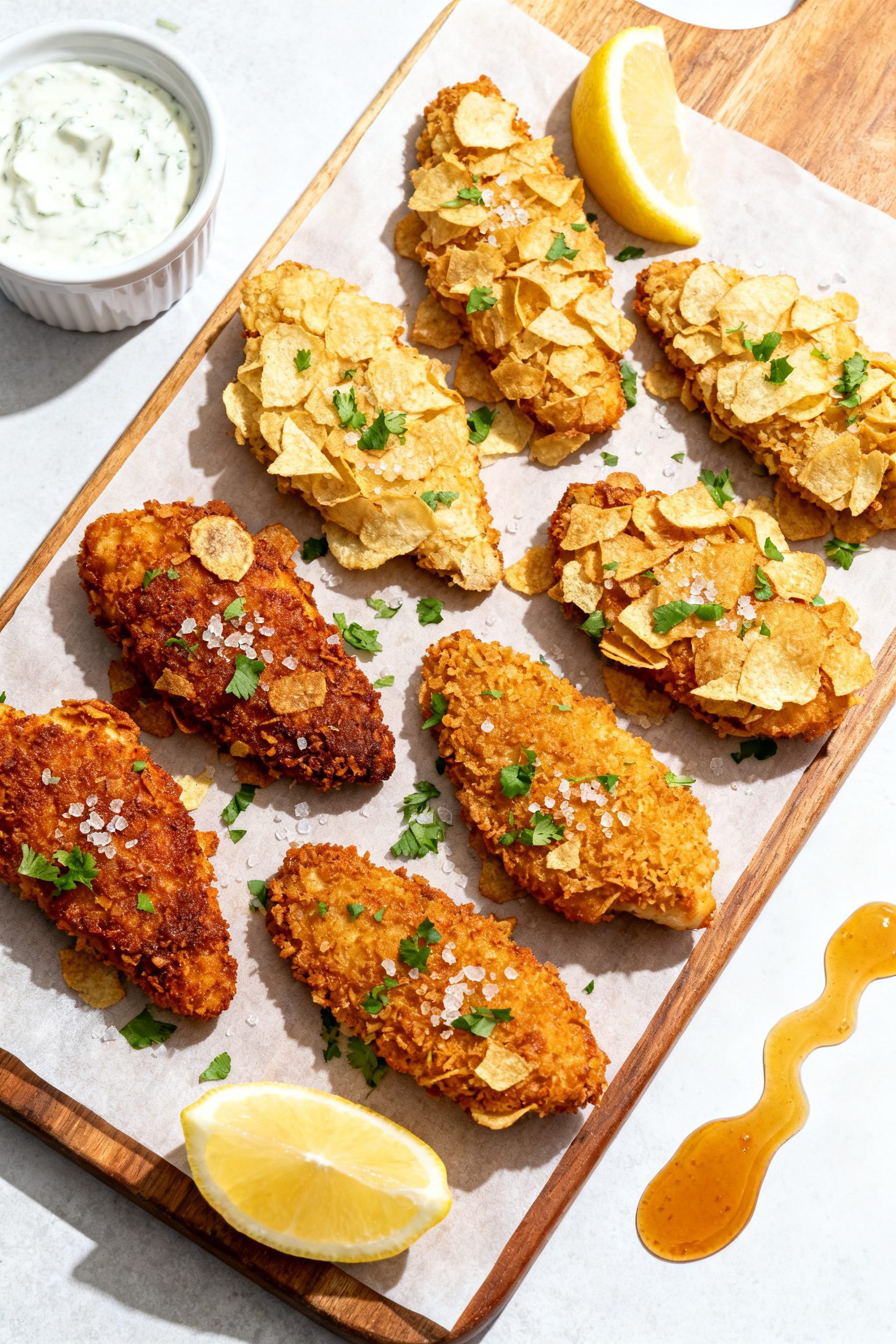 Overhead “tasty top view” of a weeknight platter of Air Fryer Potato Chip Chicken tenders, arran