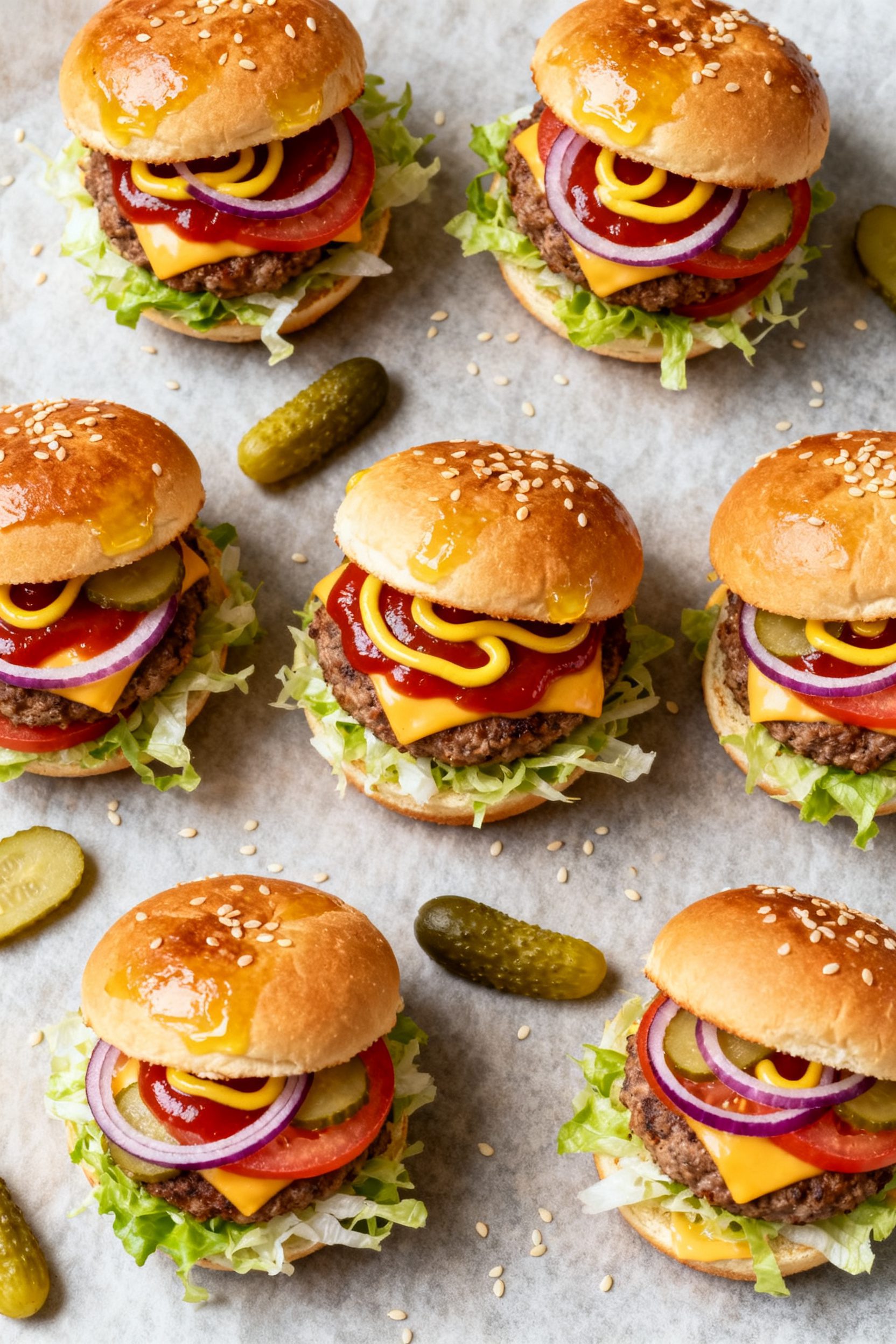 Overhead “tasty top view” of assembled air fryer mini burgers on a parchment-lined sheet: 8–10