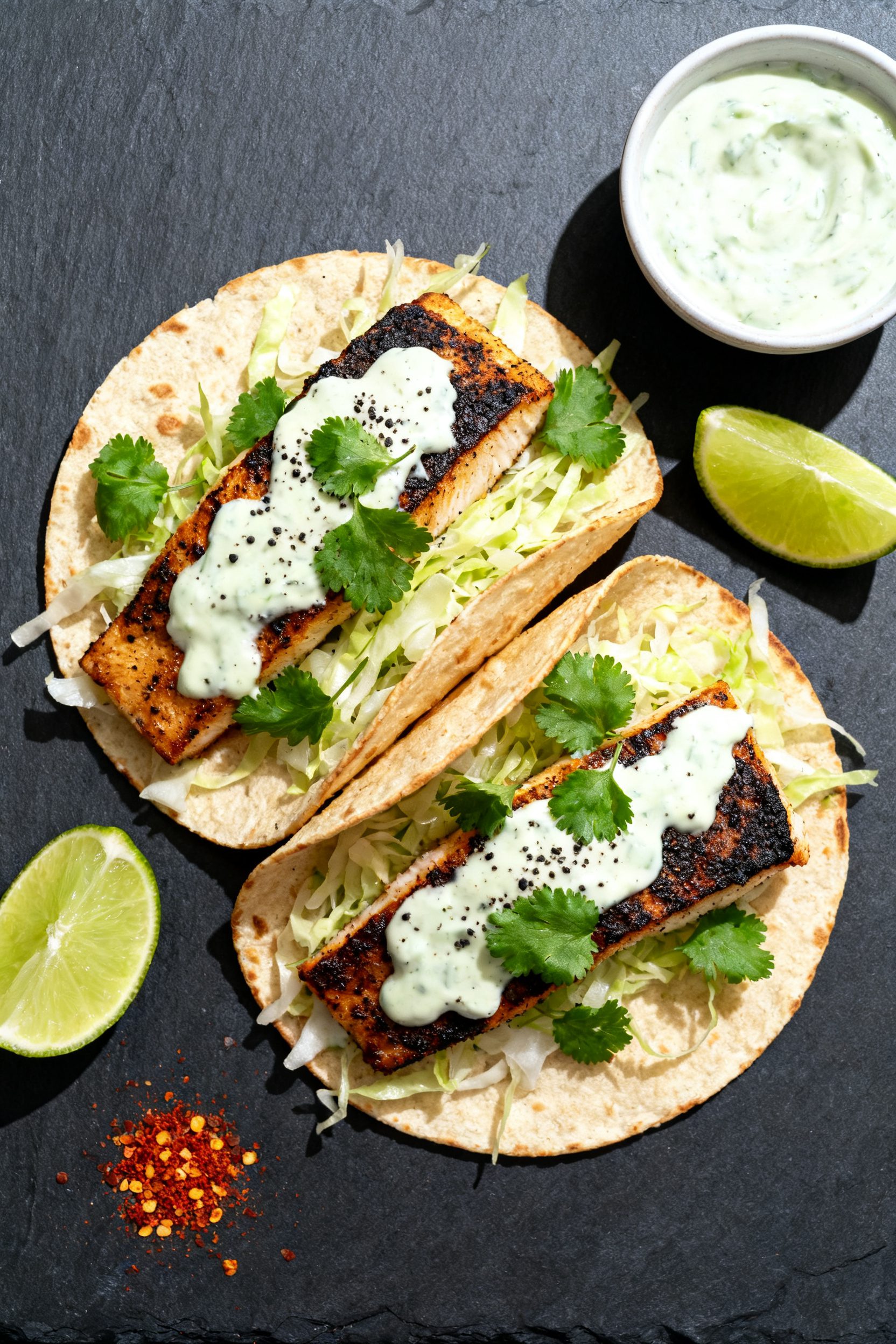 Overhead tasty top view of blackened fish taco assembly: sliced blackened cod tucked into warm torti