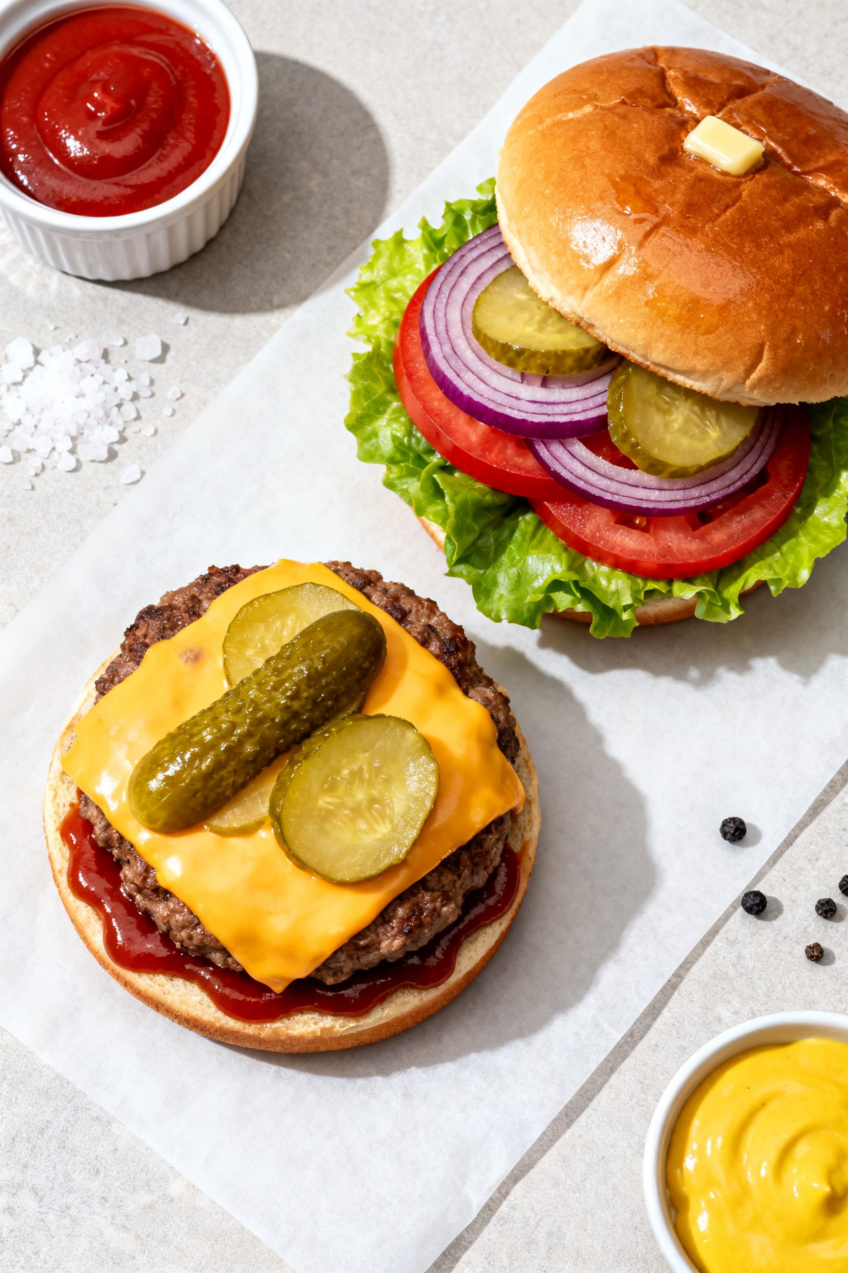 Overhead “tasty top view” of fully assembled air fryer cheeseburgers on a parchment-lined sheet: