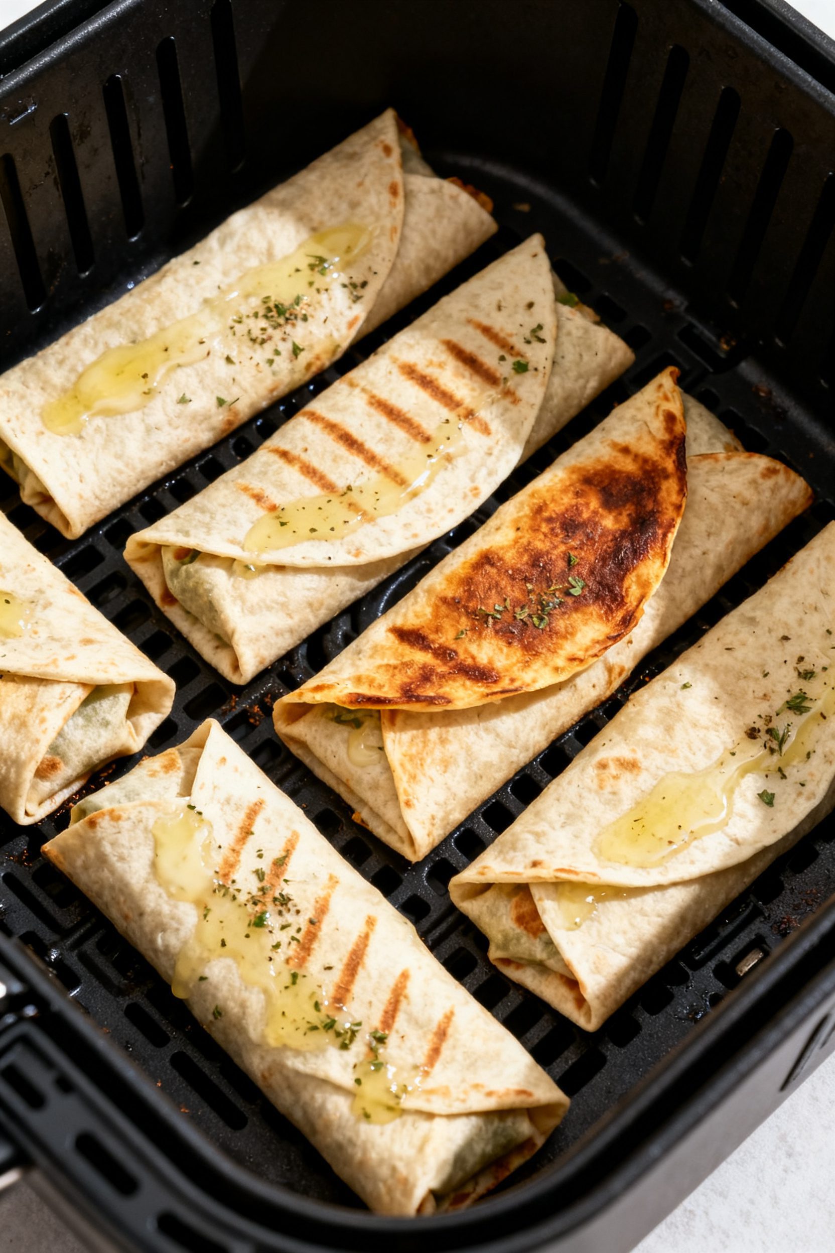Overhead “tasty top view” of multiple burrito-style wraps arranged seam-side down in an air frye