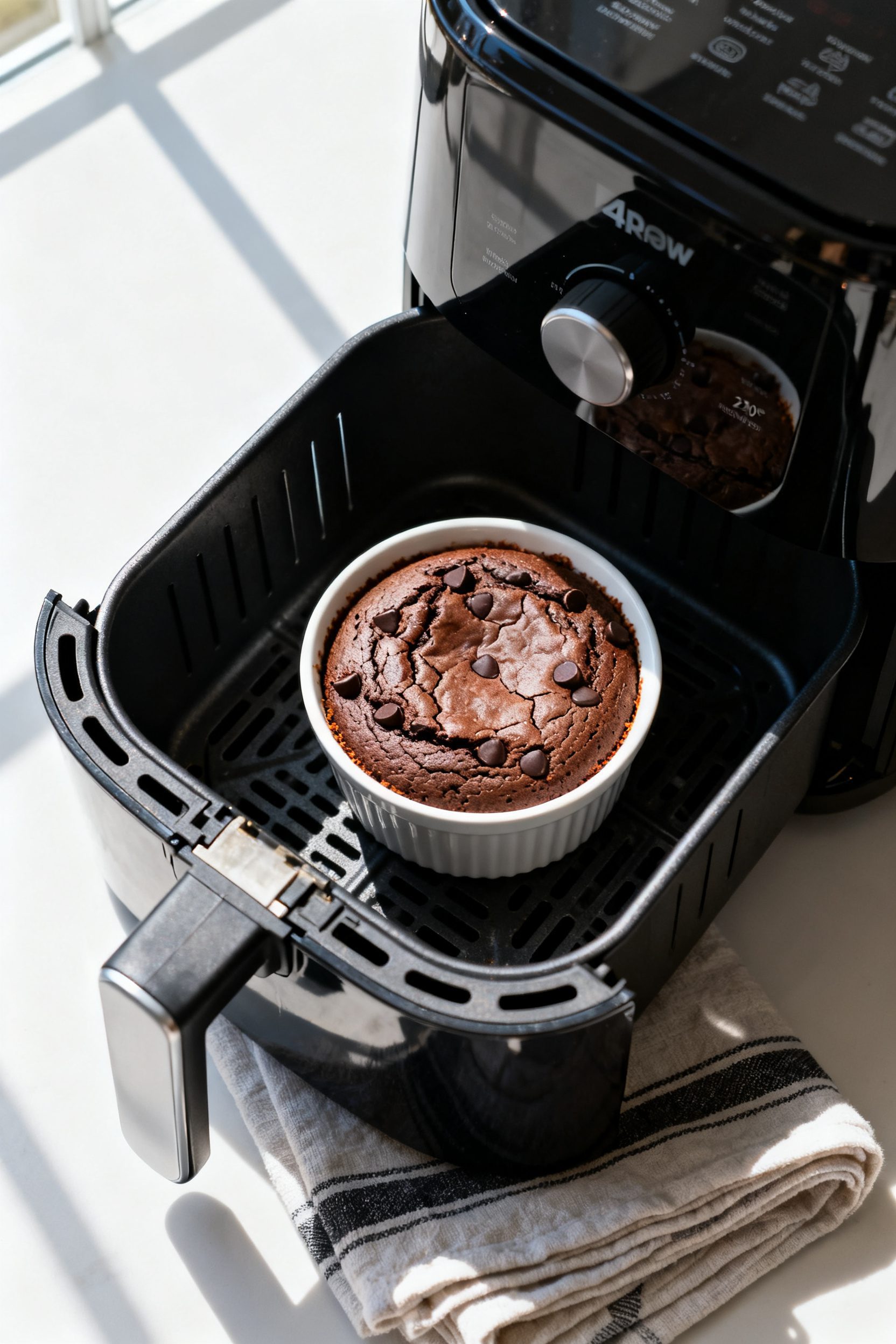 Overhead “tasty top view” of the brownie just out of the air fryer basket at 320°F, ramekin cen