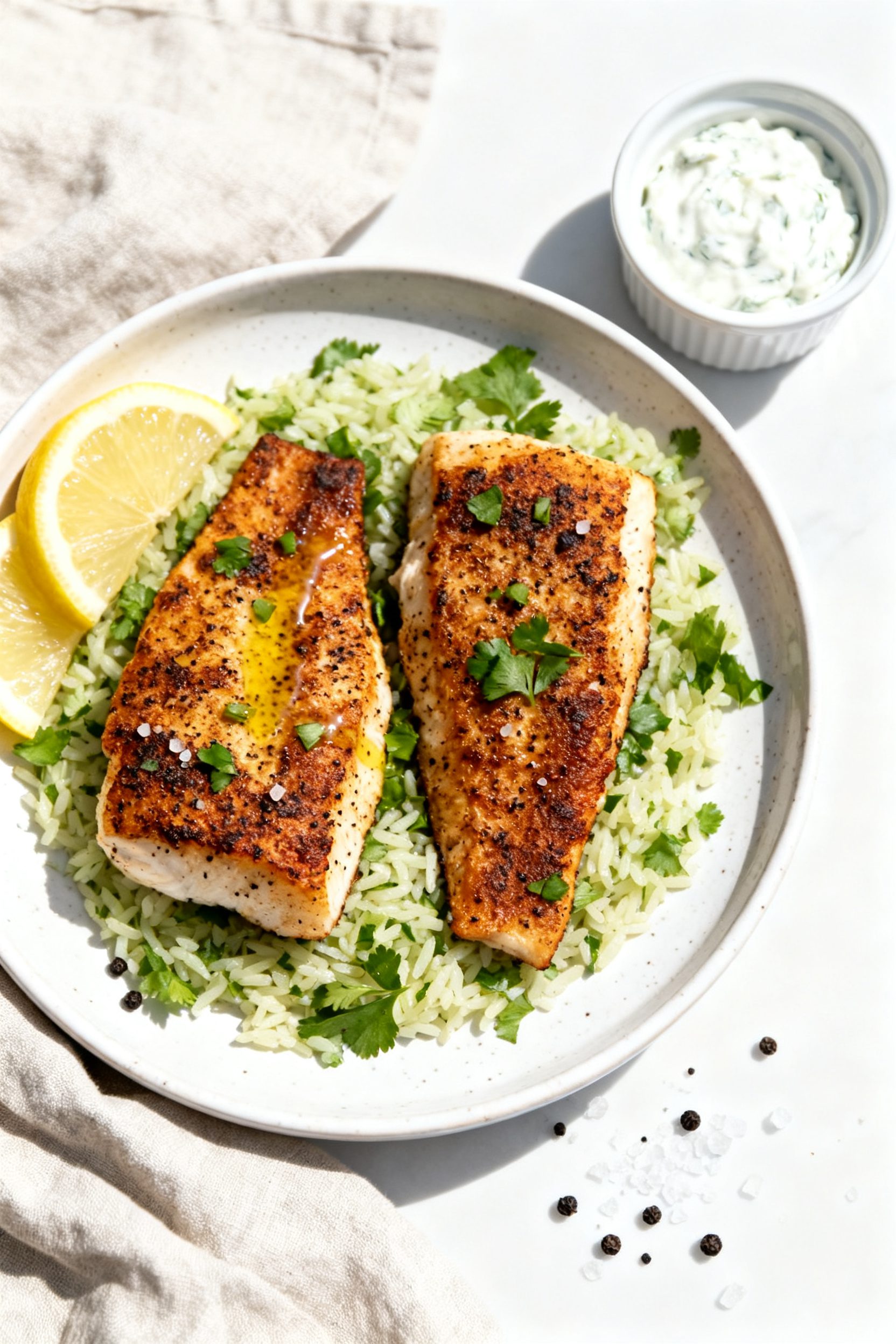 Overhead “tasty top view” of the final plated Air Fryer Blackened Cod: two fillets on a white ce