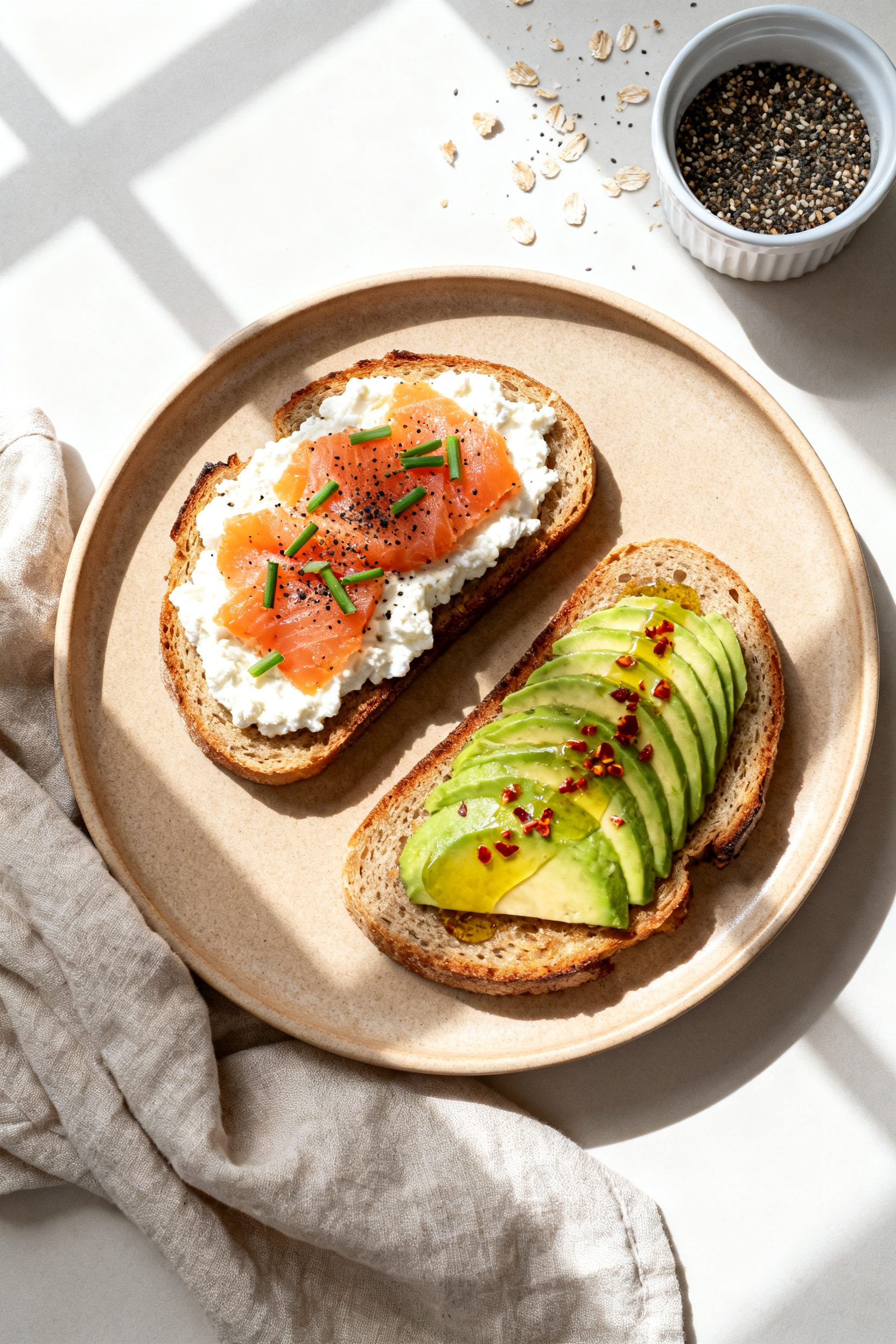 Overhead “tasty top view” of thick slices of the high-protein cottage cheese bread toasted and p