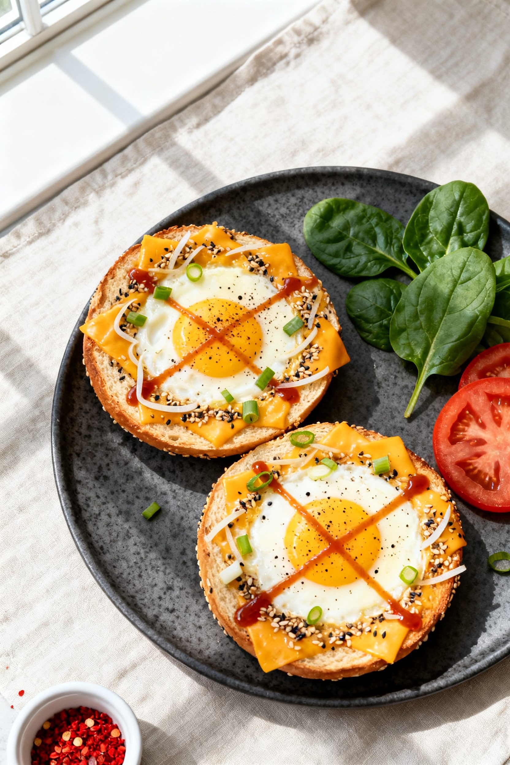 Overhead “tasty top view”: Open-faced Air Fryer Cheesy Egg Bagels on a matte charcoal plate—ev