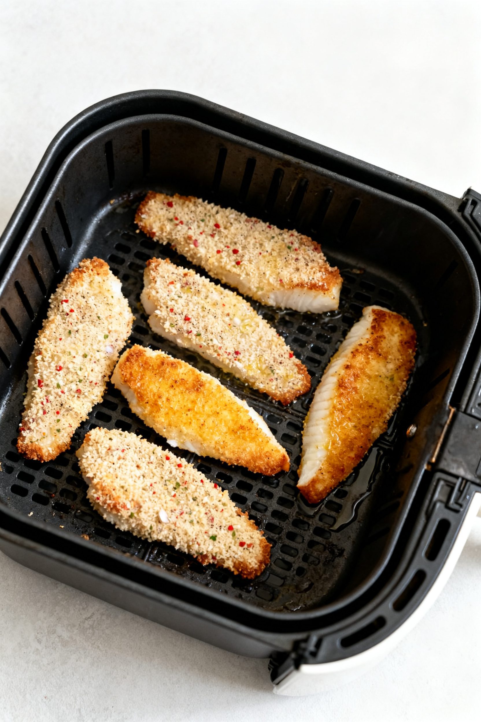 Overhead “tasty top view” process scene: Air fryer basket arranged with evenly spaced, breaded c