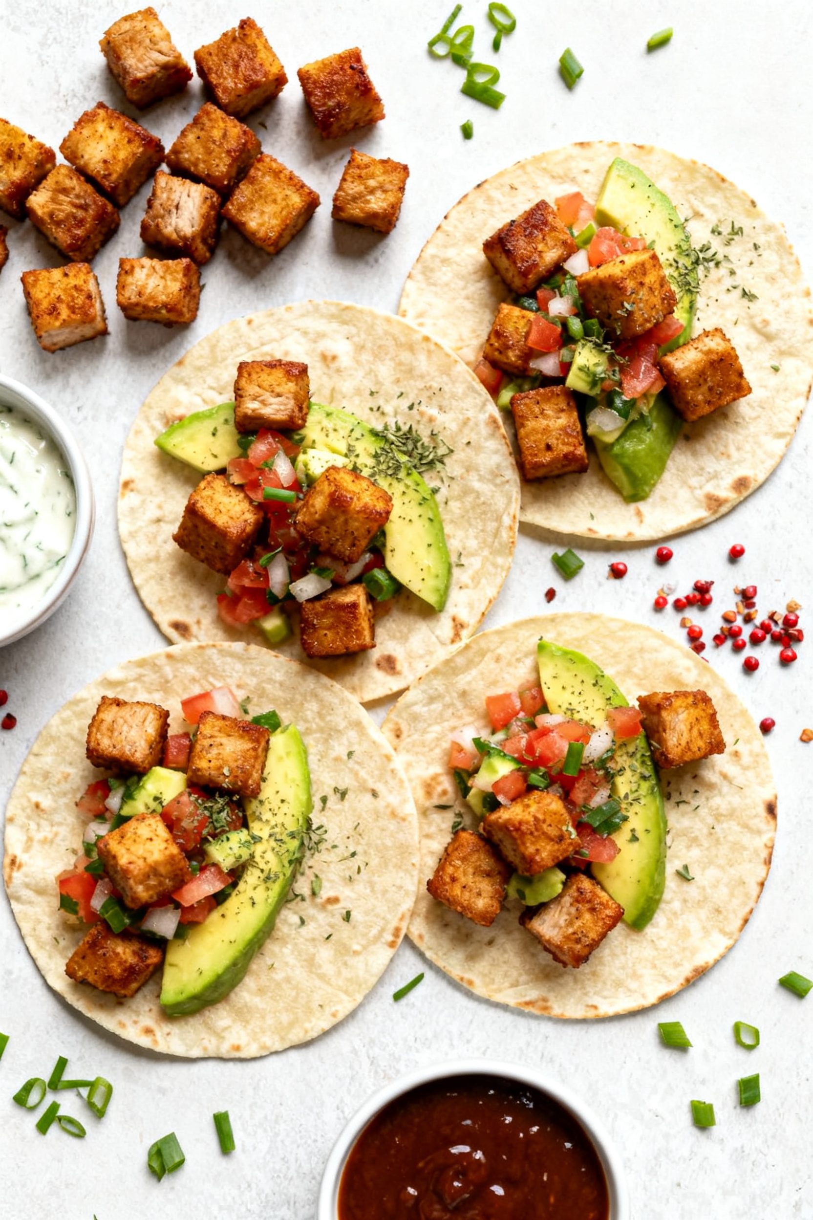 Overhead “tasty top view” serving scene: Top-down shot of taco-style pork bites—warm tortillas