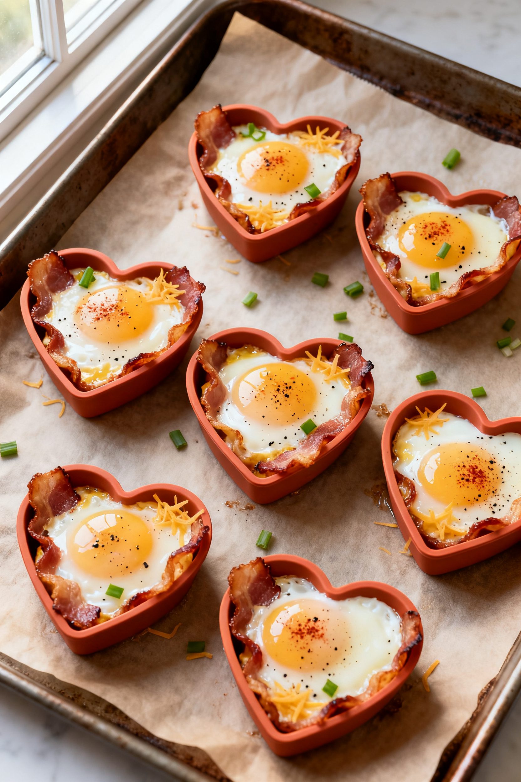Overhead “tasty top view”: Six heart-shaped bacon and egg cups just cooked, in silicone heart mo