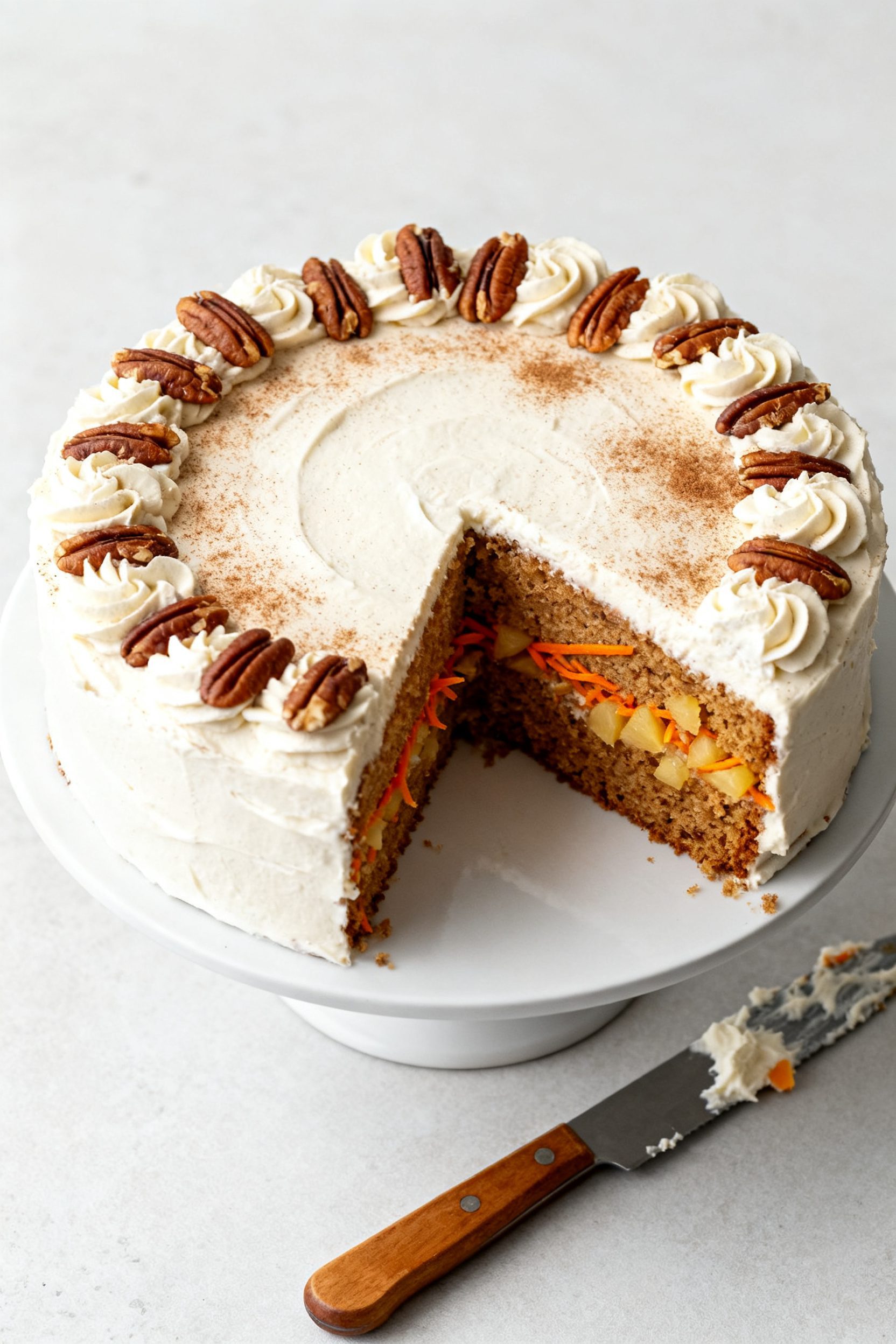 Overhead “tasty top view”: The fully frosted air fryer carrot cake on a simple white cake stand,