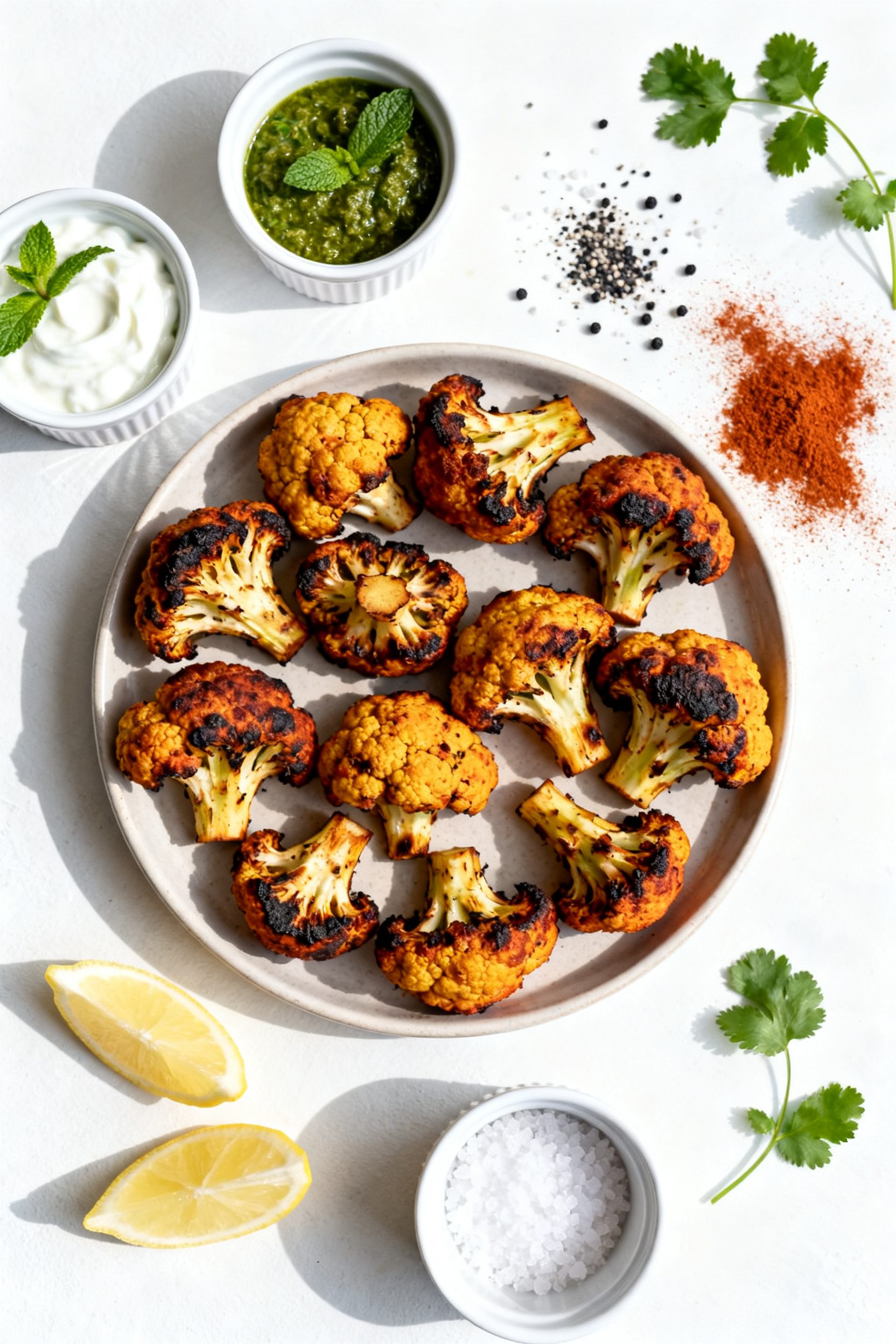 Overhead tasty top view: Top-down shot of a shareable platter of tandoori cauliflower arranged in a 