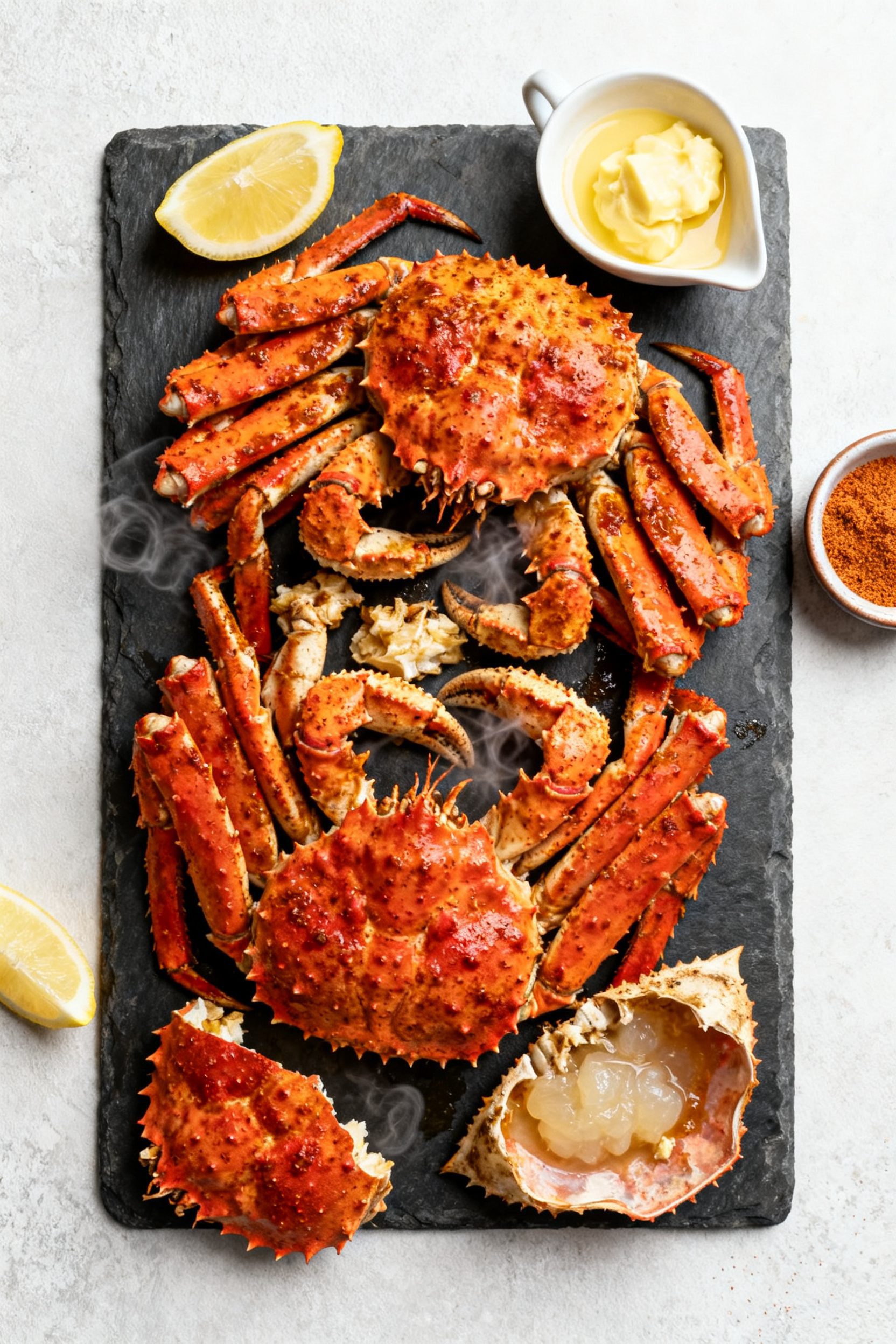 Overhead tasty top view: Top-down shot of a weeknight crab spread—cooked snow crab clusters arrang