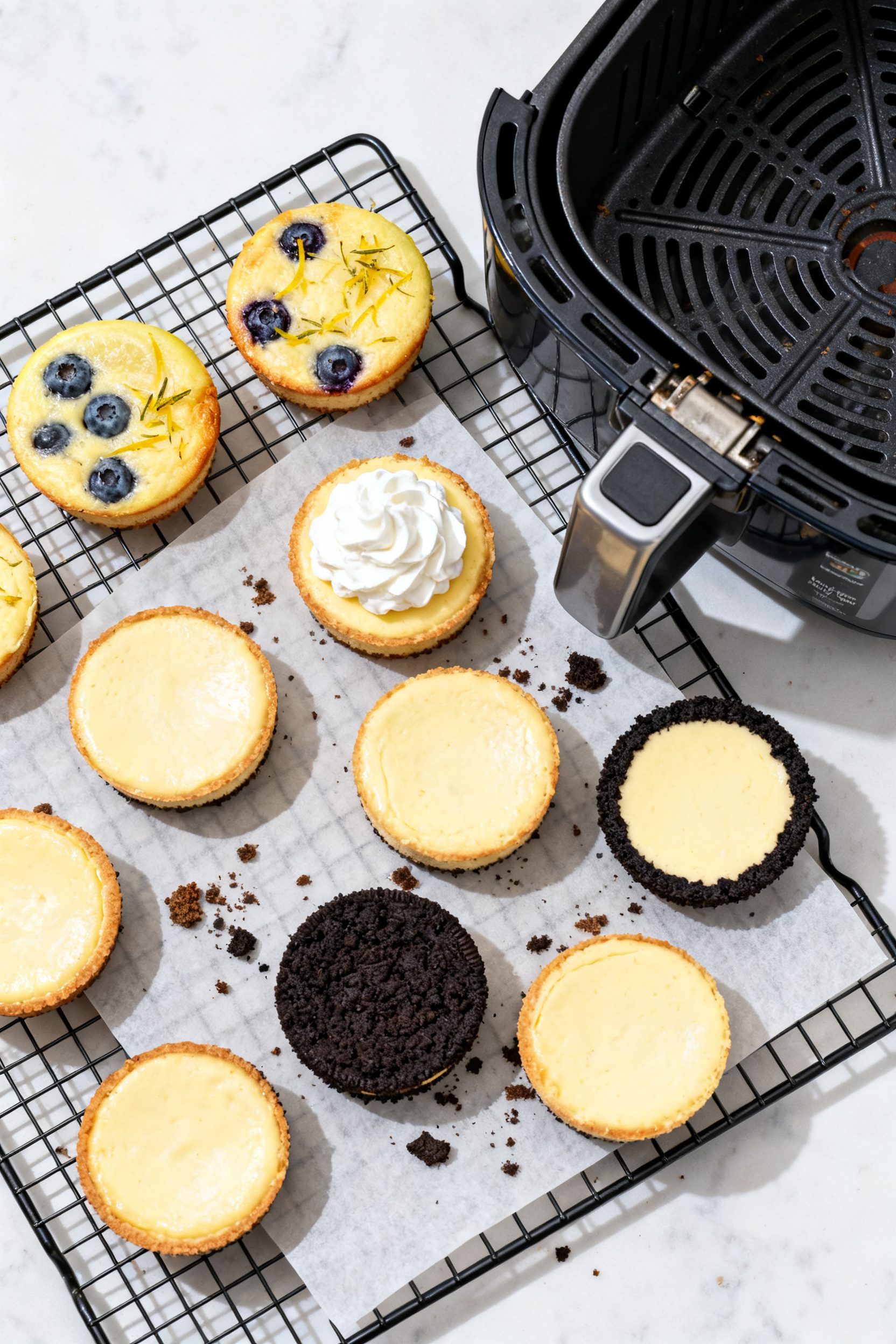 Overhead “tasty top view”: Top-down shot of assorted air fryer mini cheesecakes arranged on a co