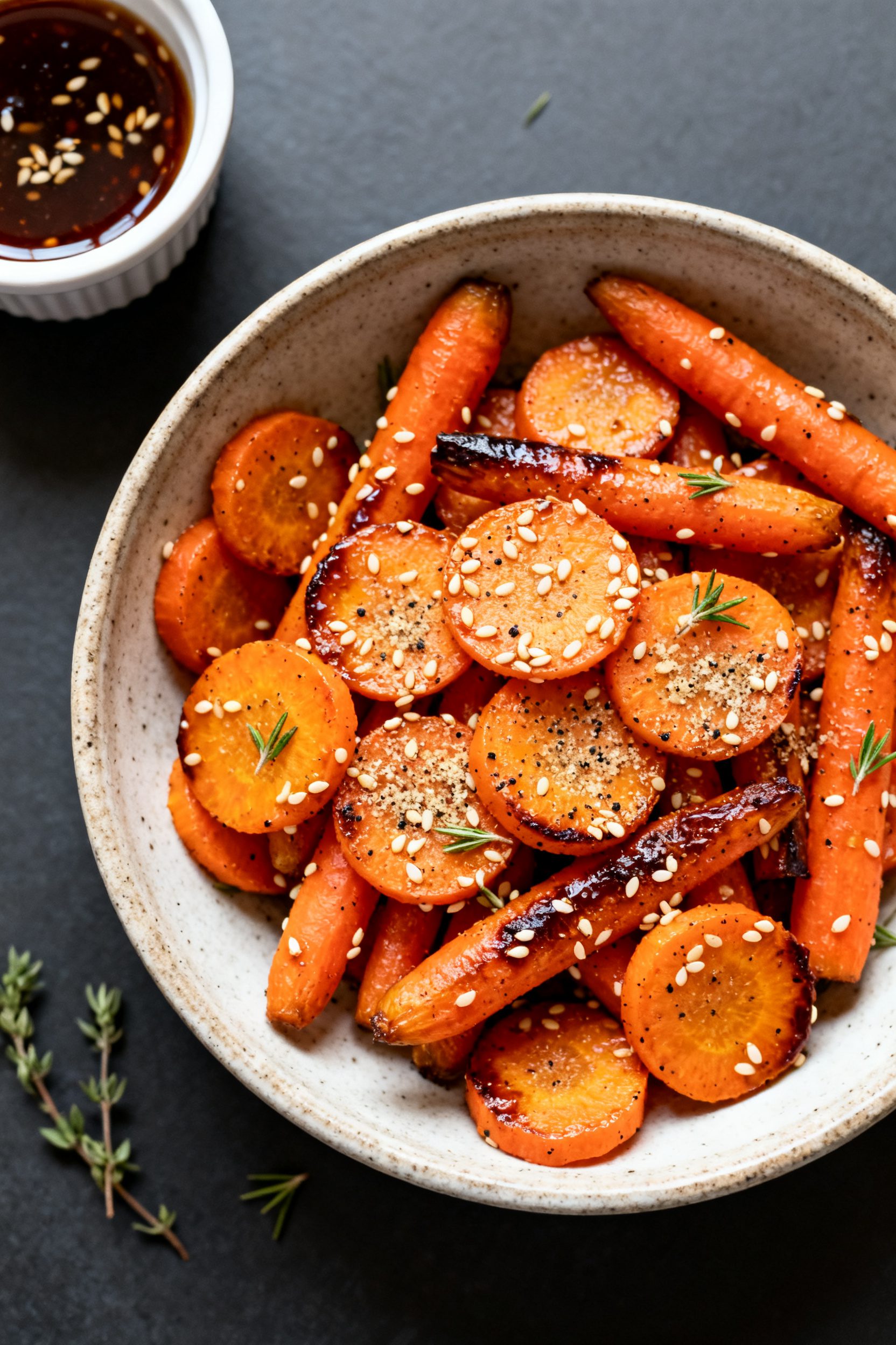 Overhead tasty top view: Top-down shot of honey-balsamic carrots cut into uniform coins and sticks, 