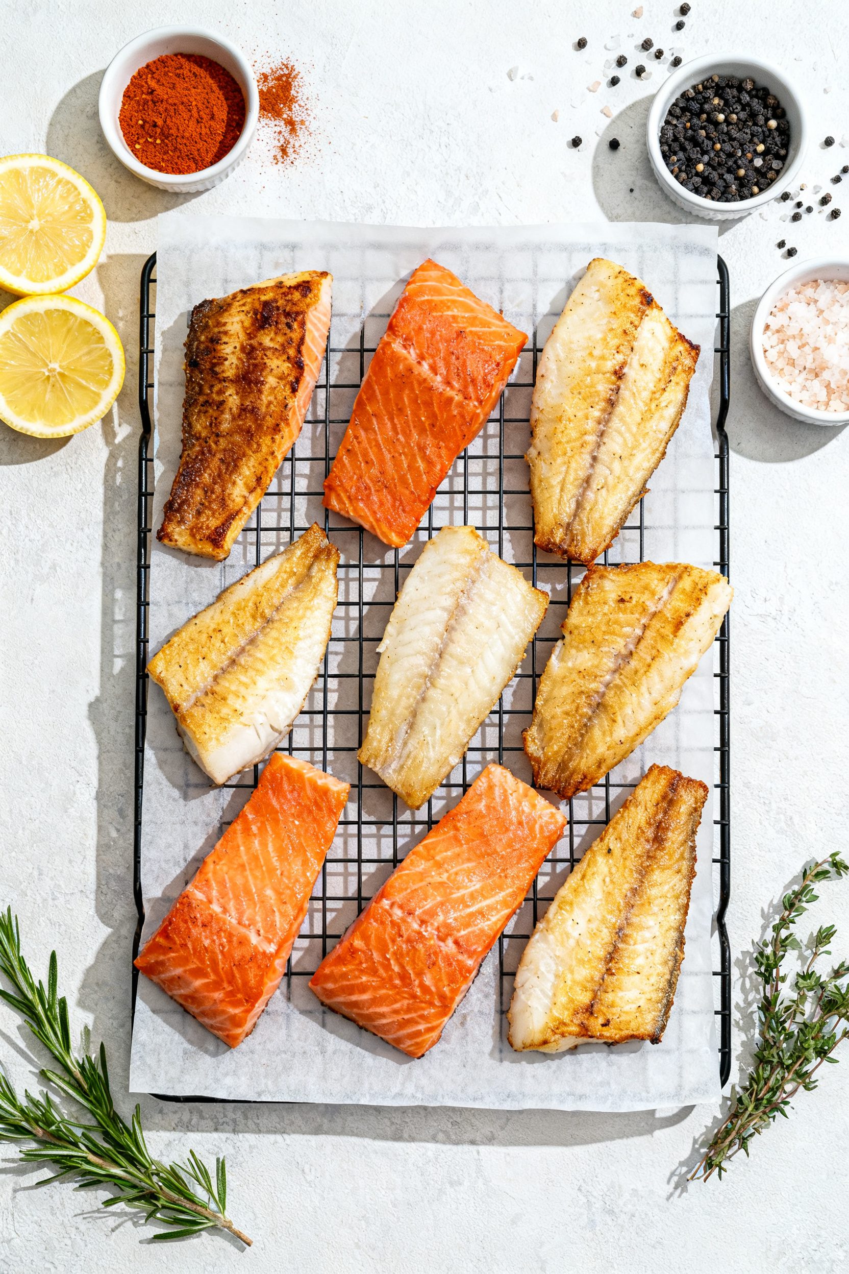 Overhead “tasty top view”: Top-down shot of mixed air-fried fillets (cod and salmon) arranged in