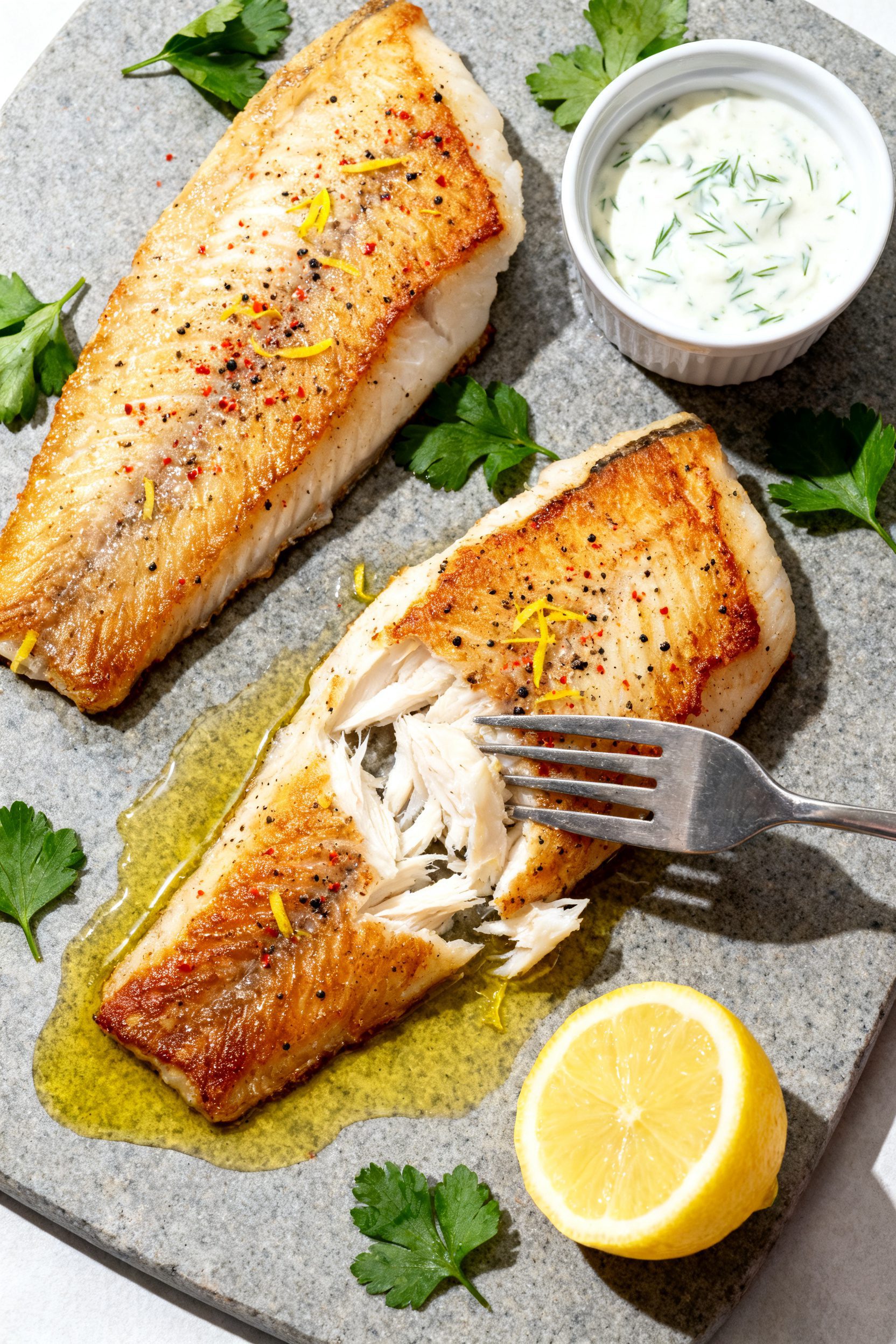 Overhead tasty top view: Top-down shot of two Alaskan cod fillets just finished resting, flaky cente