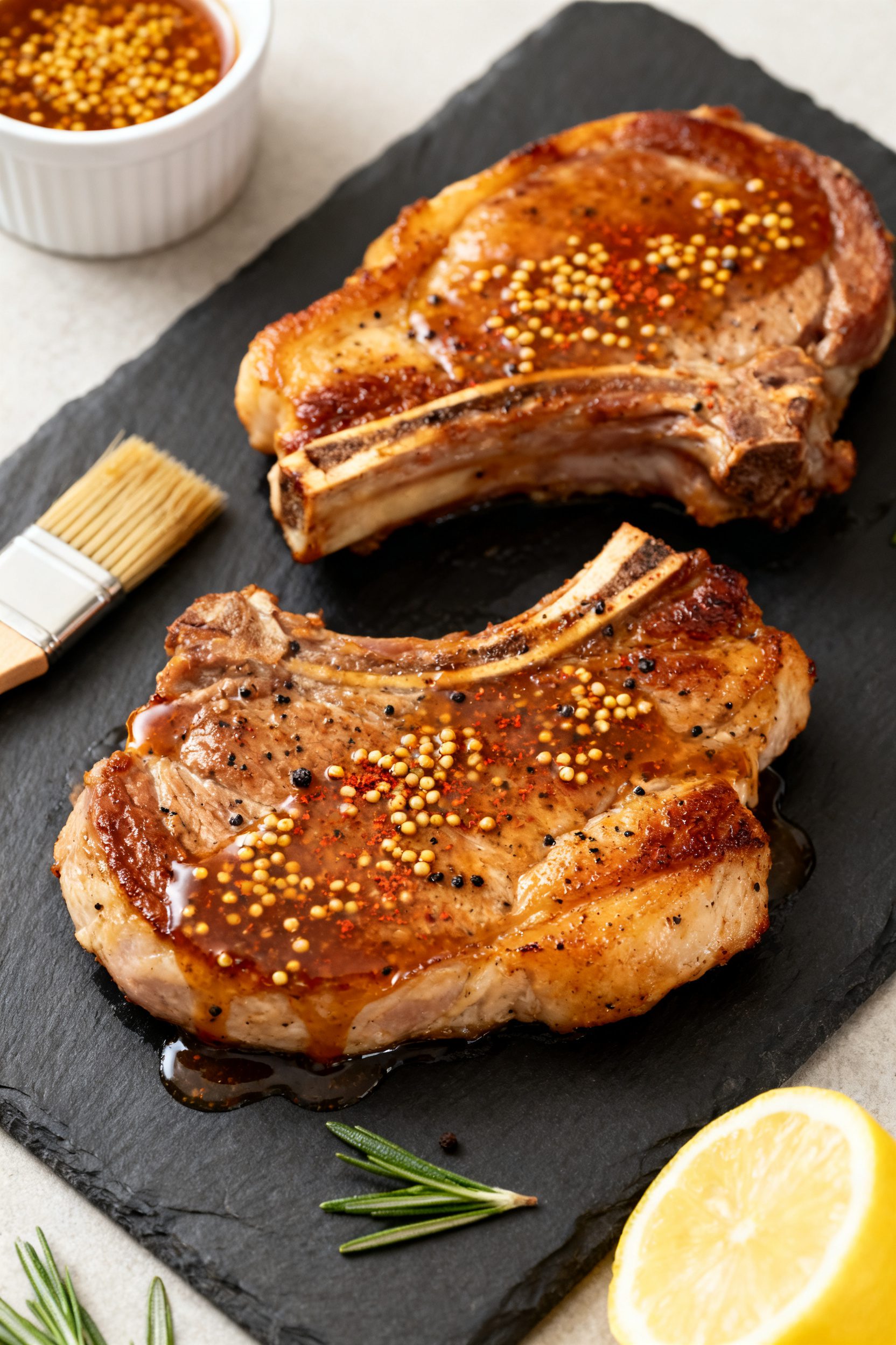 Overhead tasty top view: Two boneless honey mustard pork chops on a dark slate board, deep golden-br